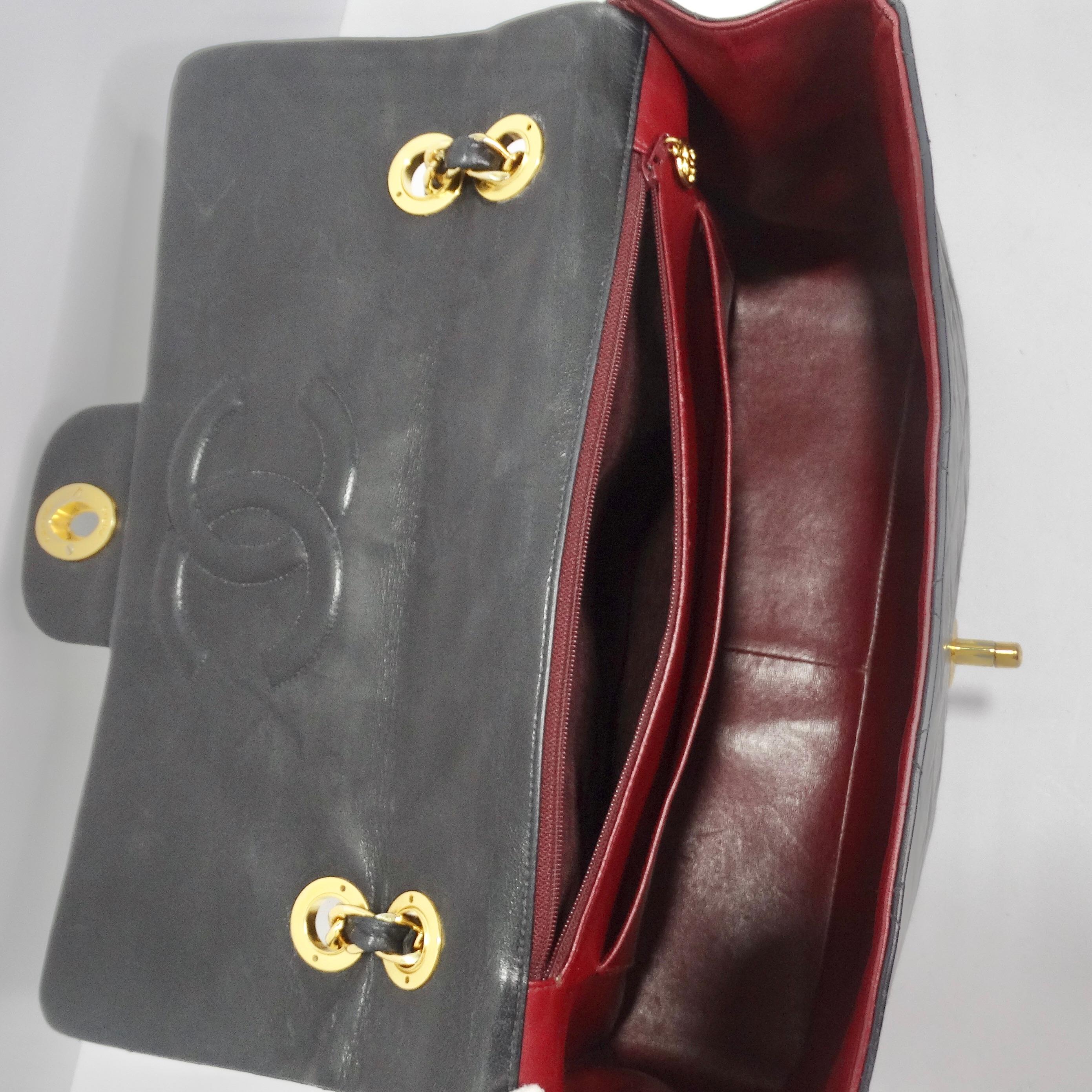 Chanel 1980s Classic Black Leather Maxi Single Flap Handbag For Sale 10