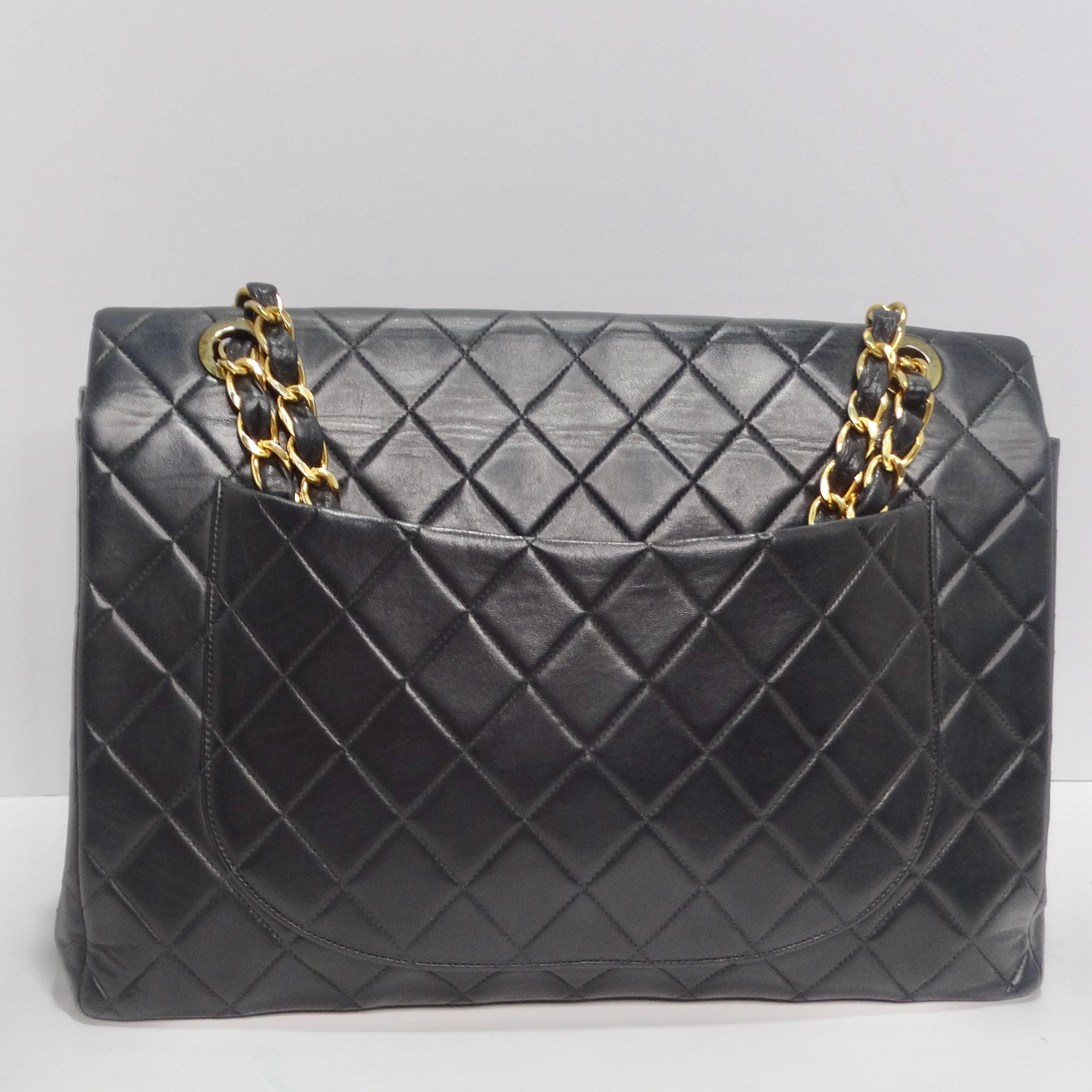 Women's or Men's Chanel 1980s Classic Black Leather Maxi Single Flap Handbag For Sale