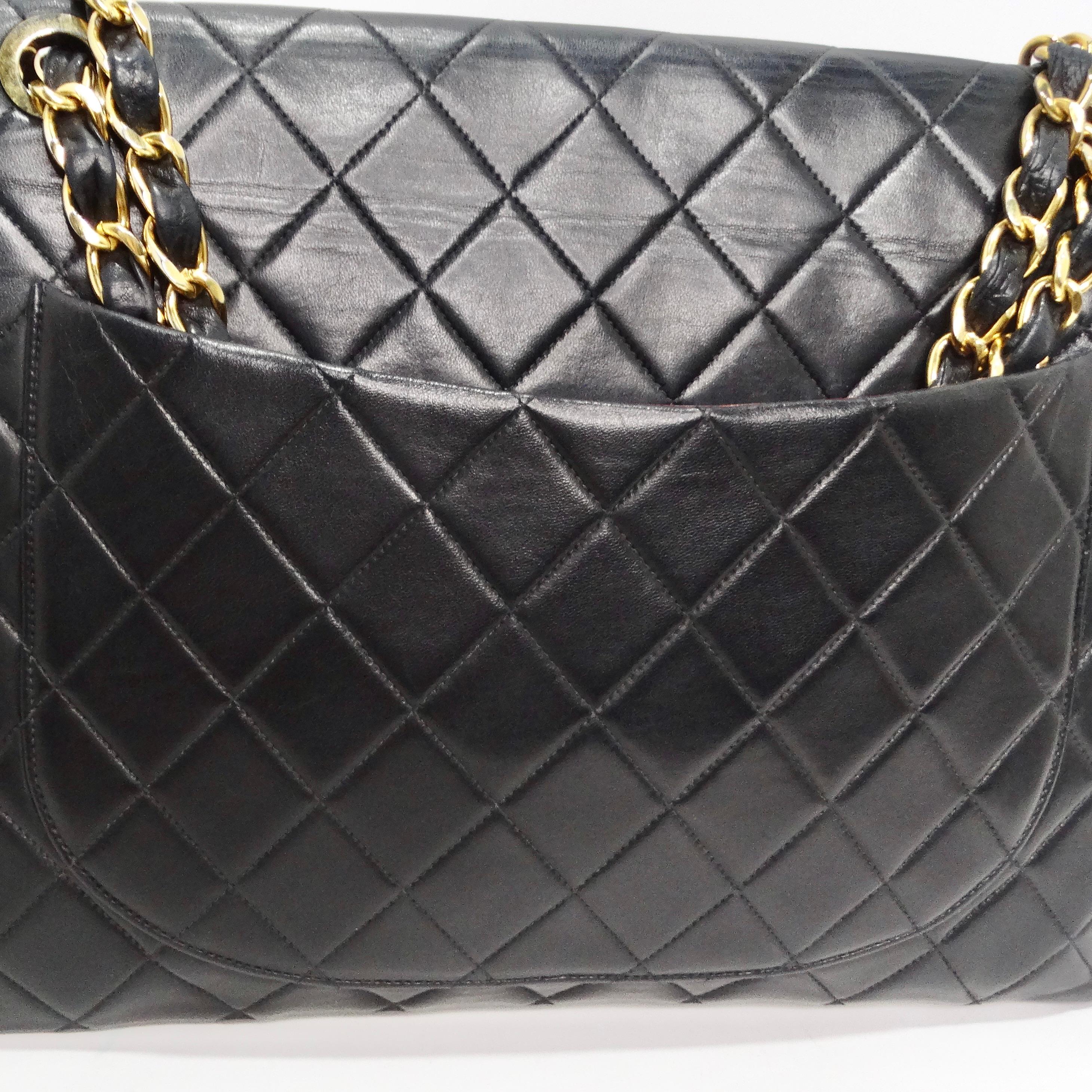 Chanel 1980s Classic Black Leather Maxi Single Flap Handbag For Sale 1