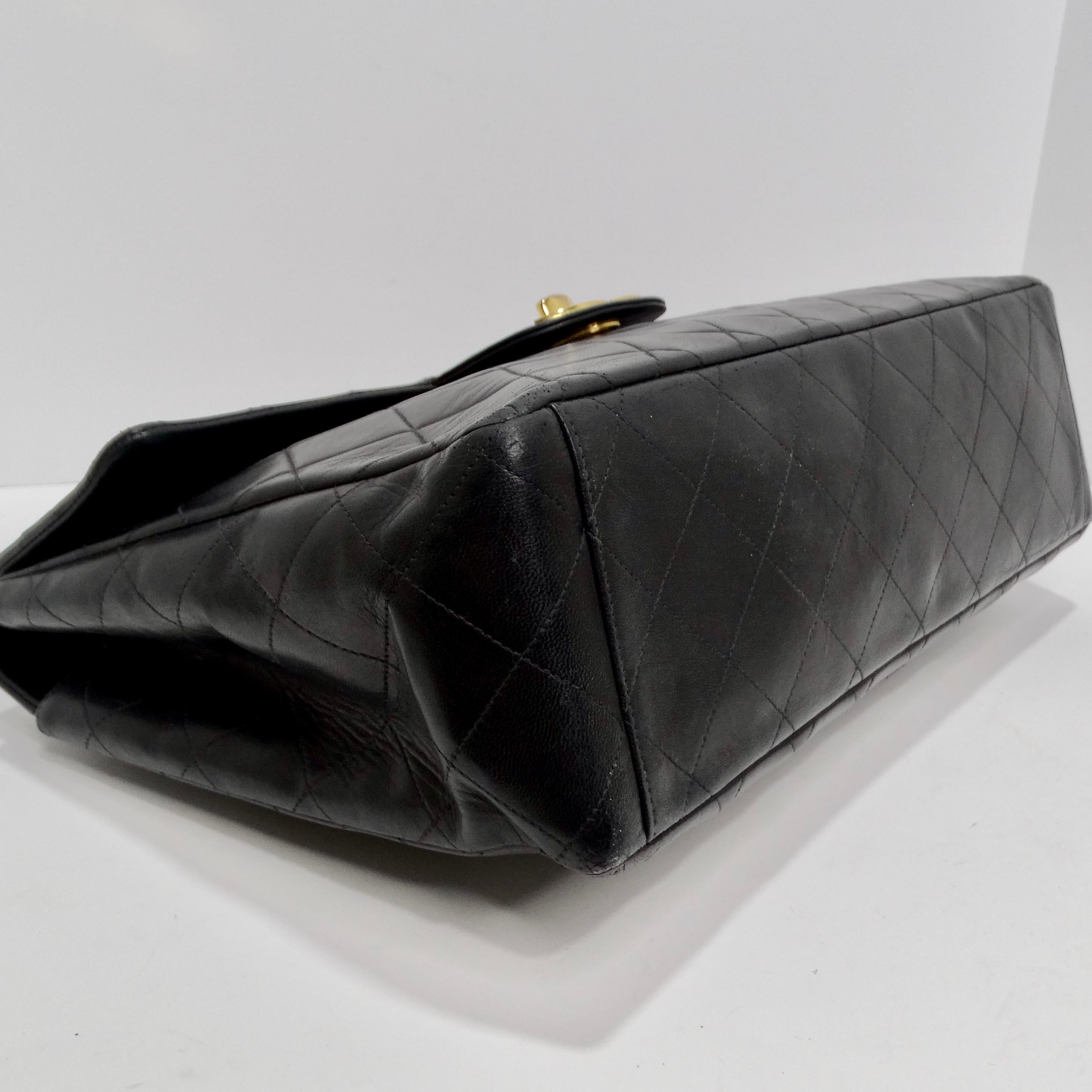 Chanel 1980s Classic Black Leather Maxi Single Flap Handbag For Sale 4