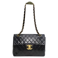 Vintage Chanel 1980s Classic Black Leather Maxi Single Flap Handbag