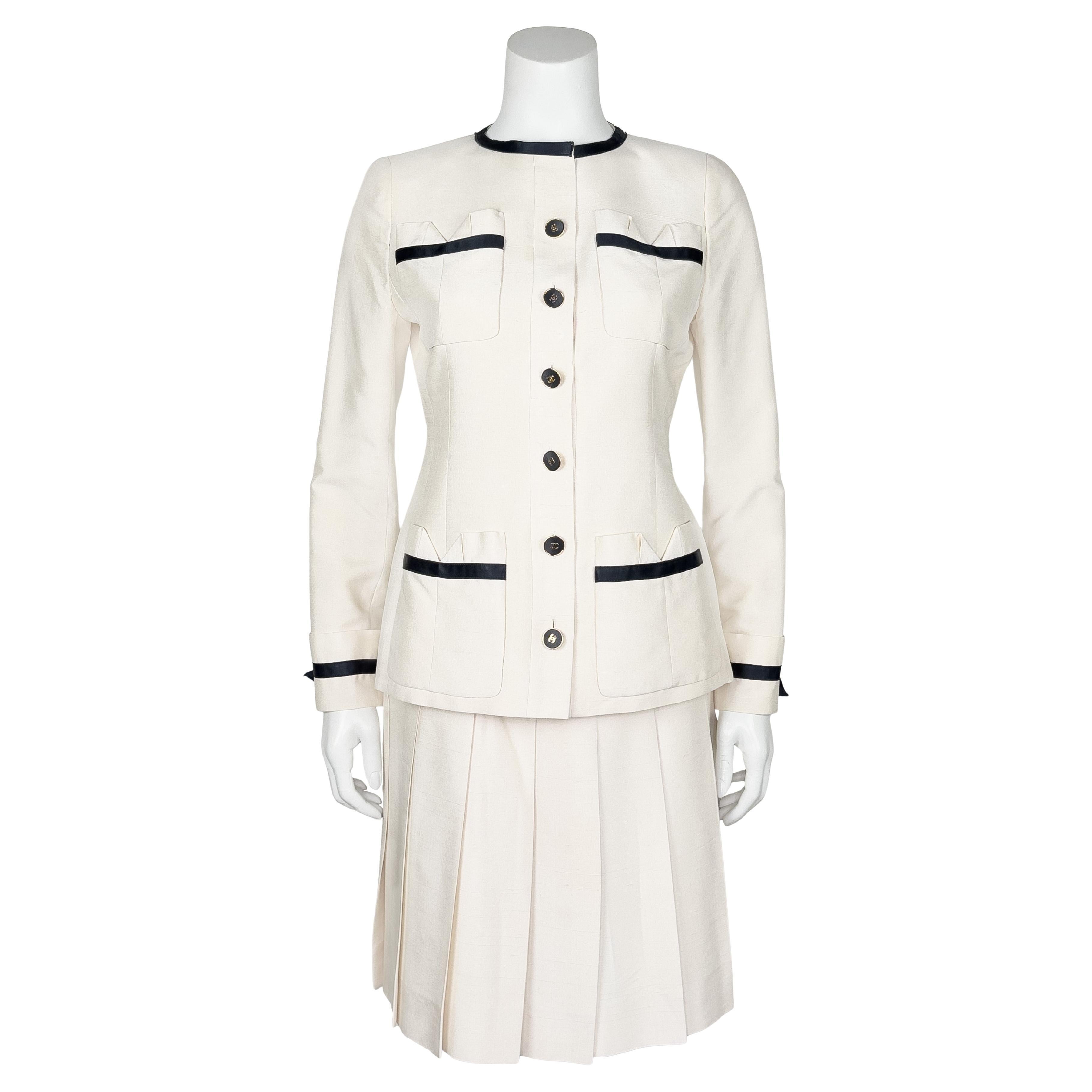 Chanel 1980's Cream Silk Jacket and Skirt Suit