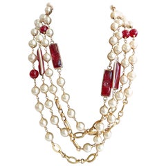 Chanel 1980s Faux Pearl & Red Gripoix Chain Link Necklace 