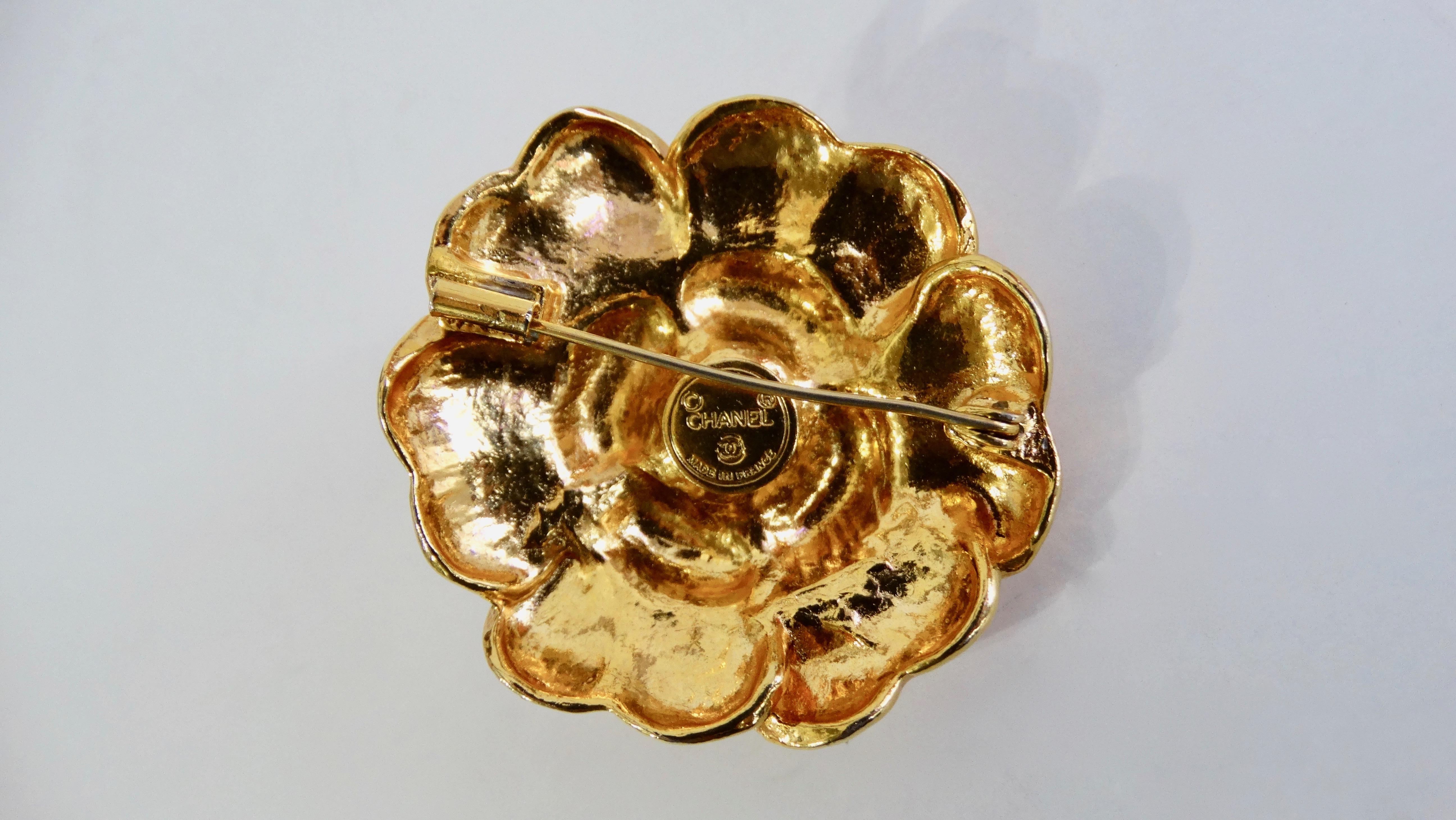 Chanel 1980s Gold Camellia Flower Brooch 1