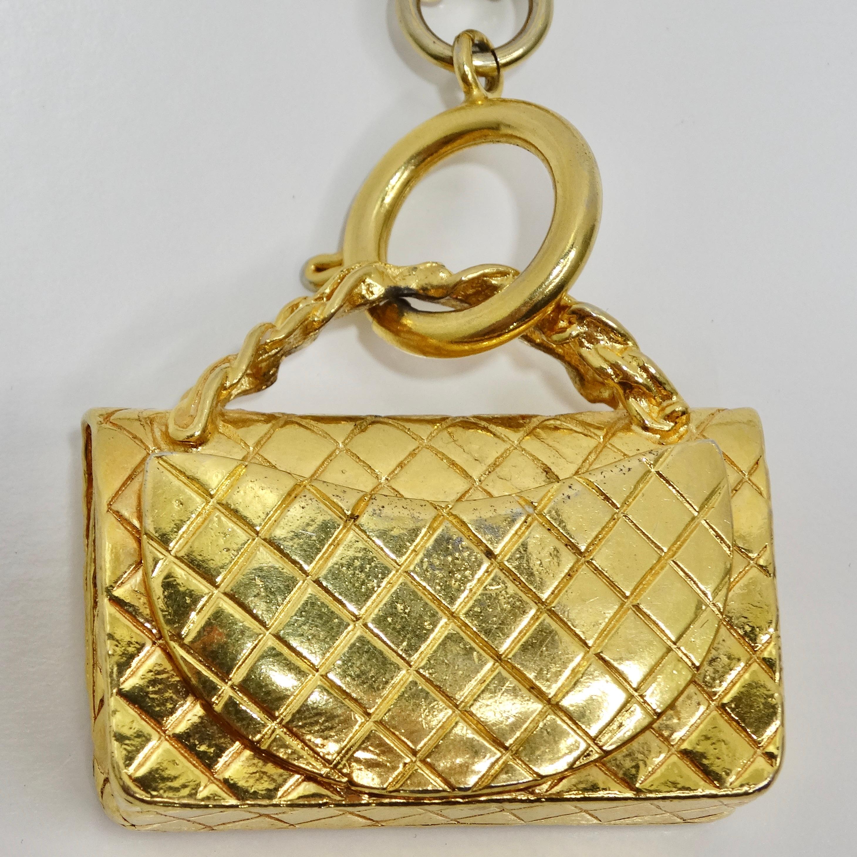 Chanel 1980s Gold Tone Flap Bag Necklace For Sale 6