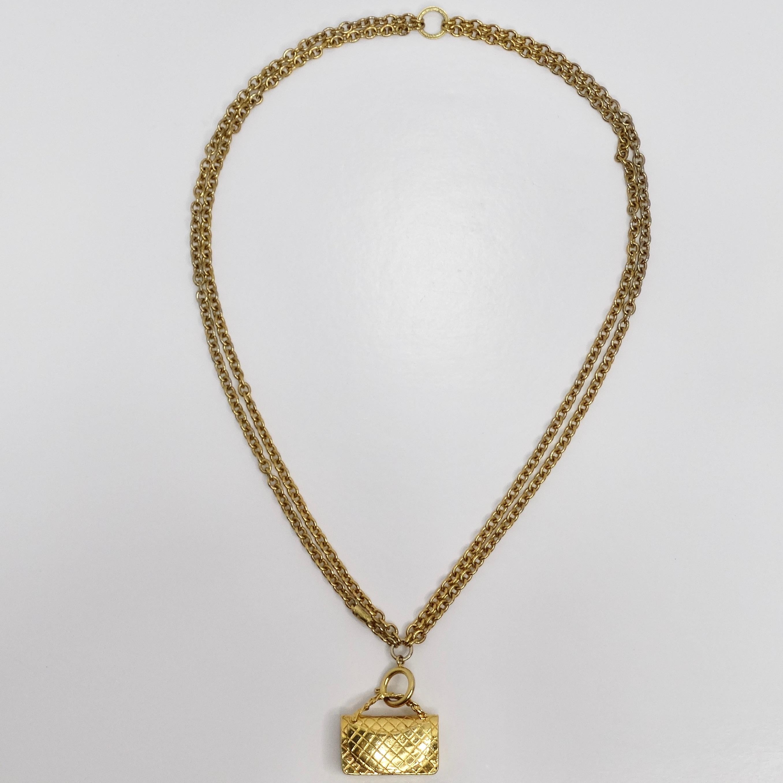 Chanel 1980s Gold Tone Flap Bag Necklace For Sale 8