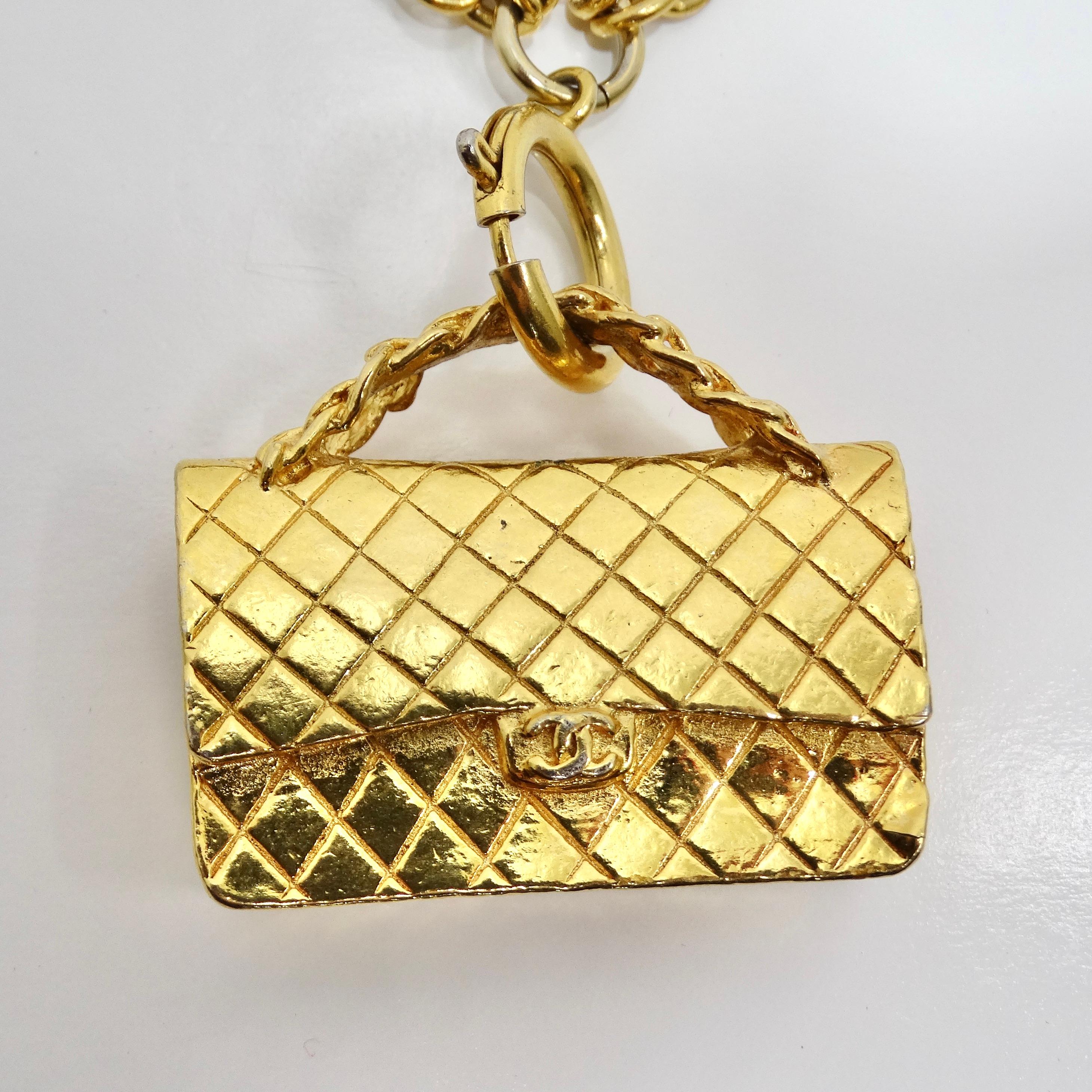 Chanel 1980s Gold Tone Flap Bag Necklace In Excellent Condition For Sale In Scottsdale, AZ