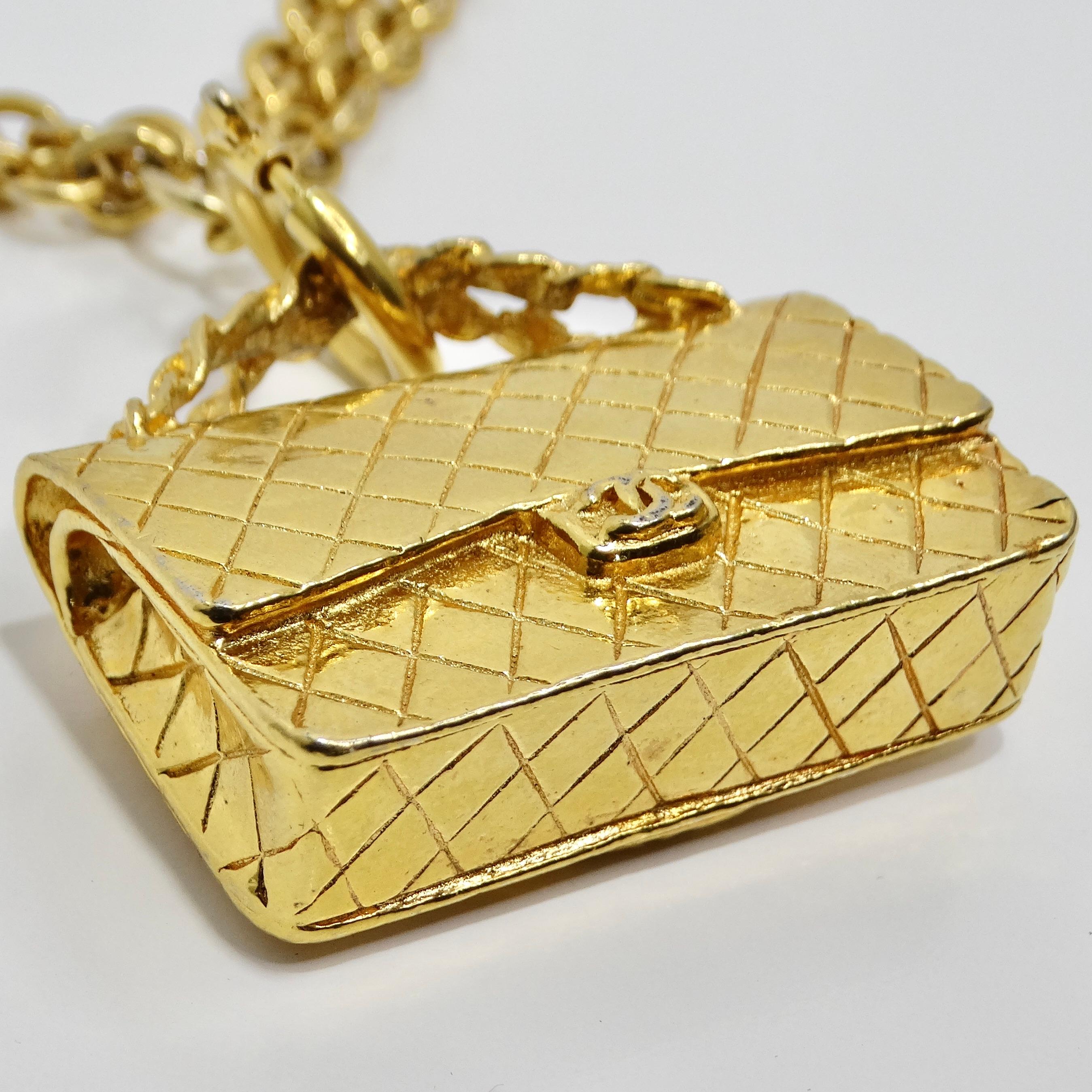 Chanel 1980s Gold Tone Flap Bag Necklace For Sale 2