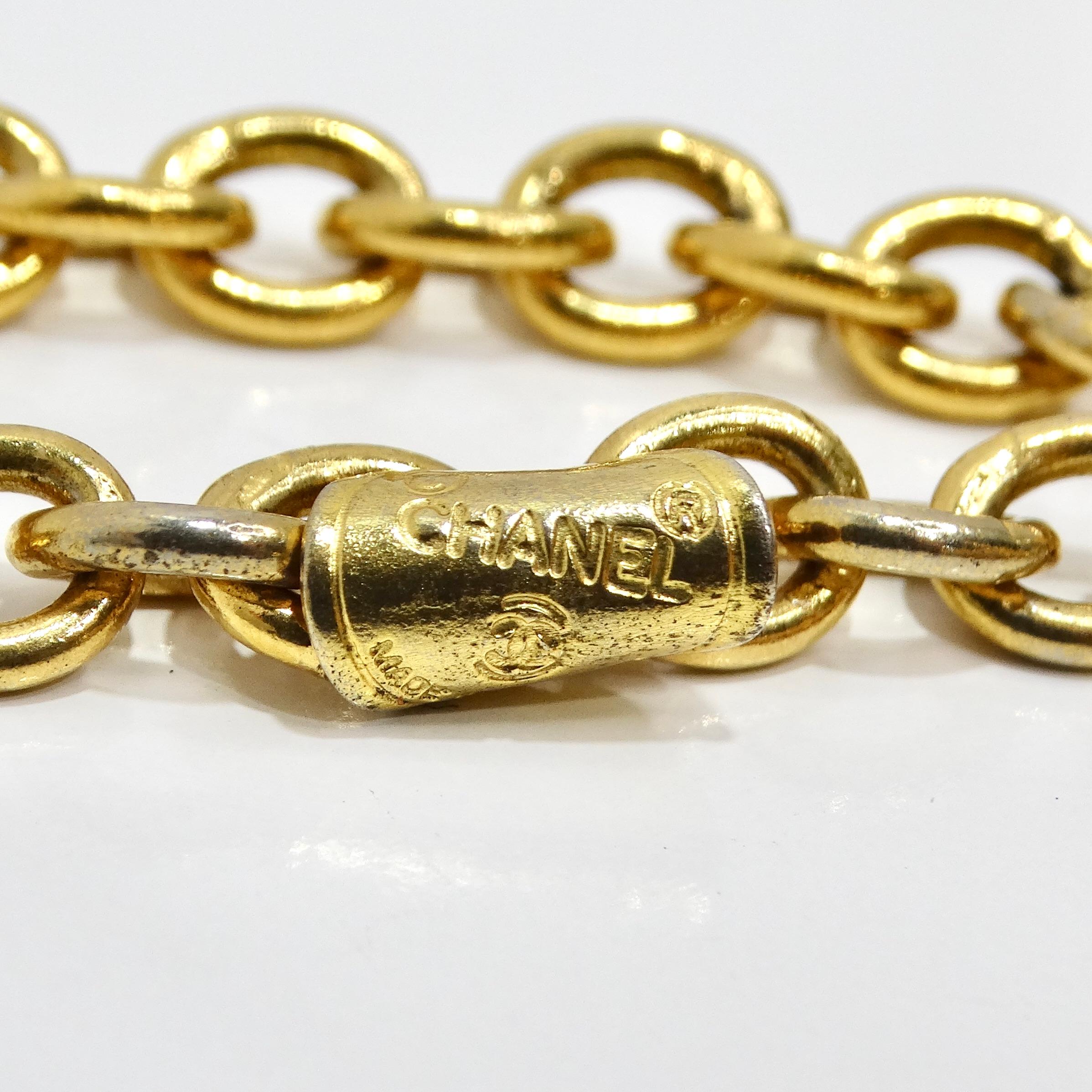 Chanel 1980s Gold Tone Flap Bag Necklace For Sale 3