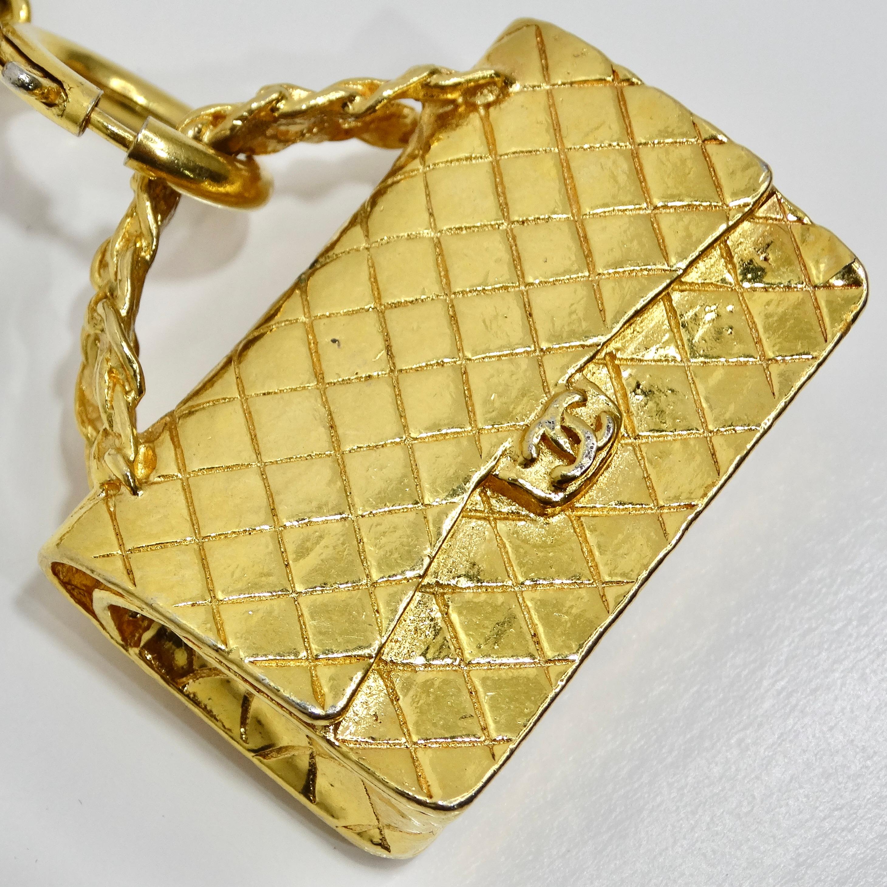 Chanel 1980s Gold Tone Flap Bag Necklace For Sale 4