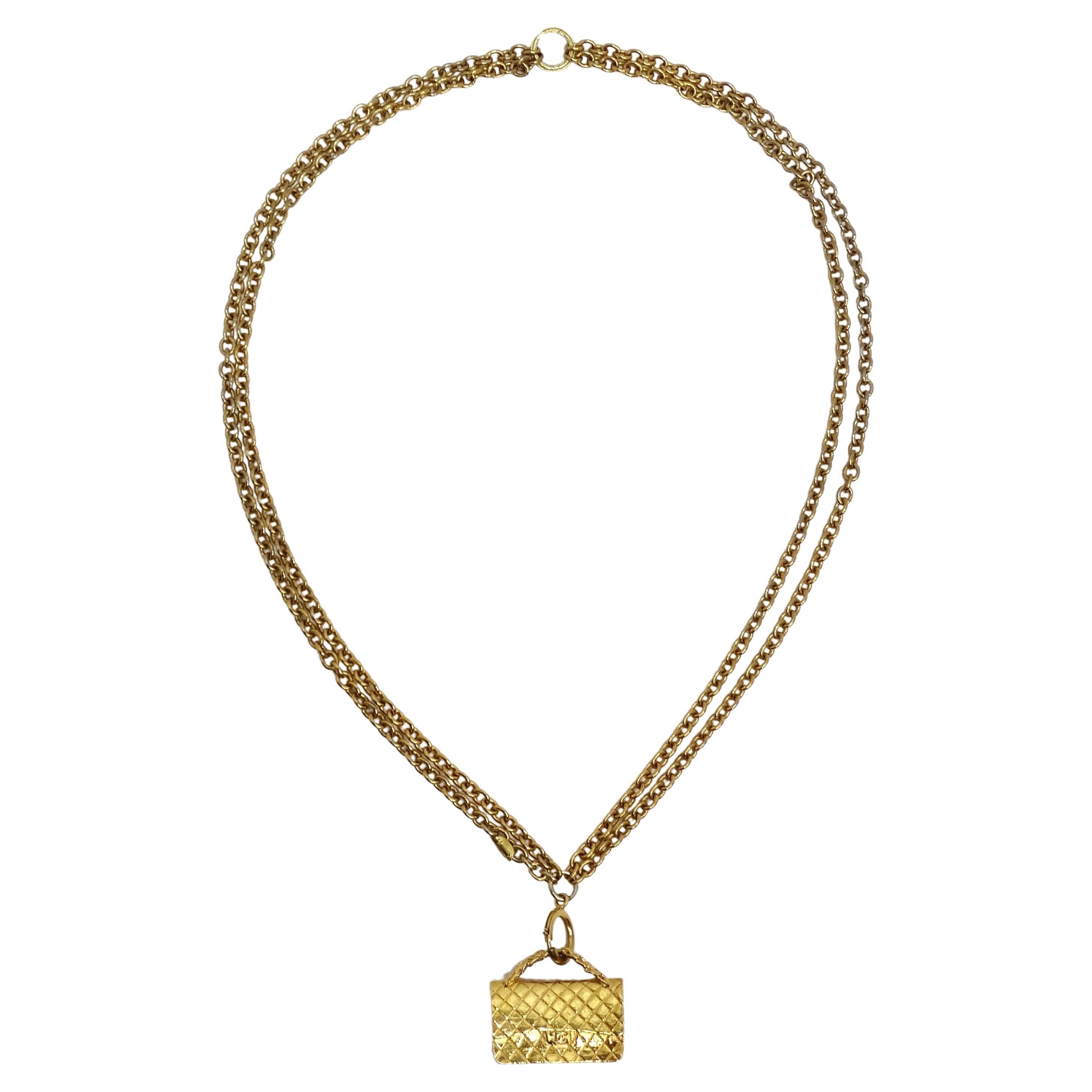 Chanel 1980s Gold Tone Flap Bag Necklace For Sale