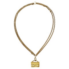 Retro Chanel 1980s Gold Tone Flap Bag Necklace