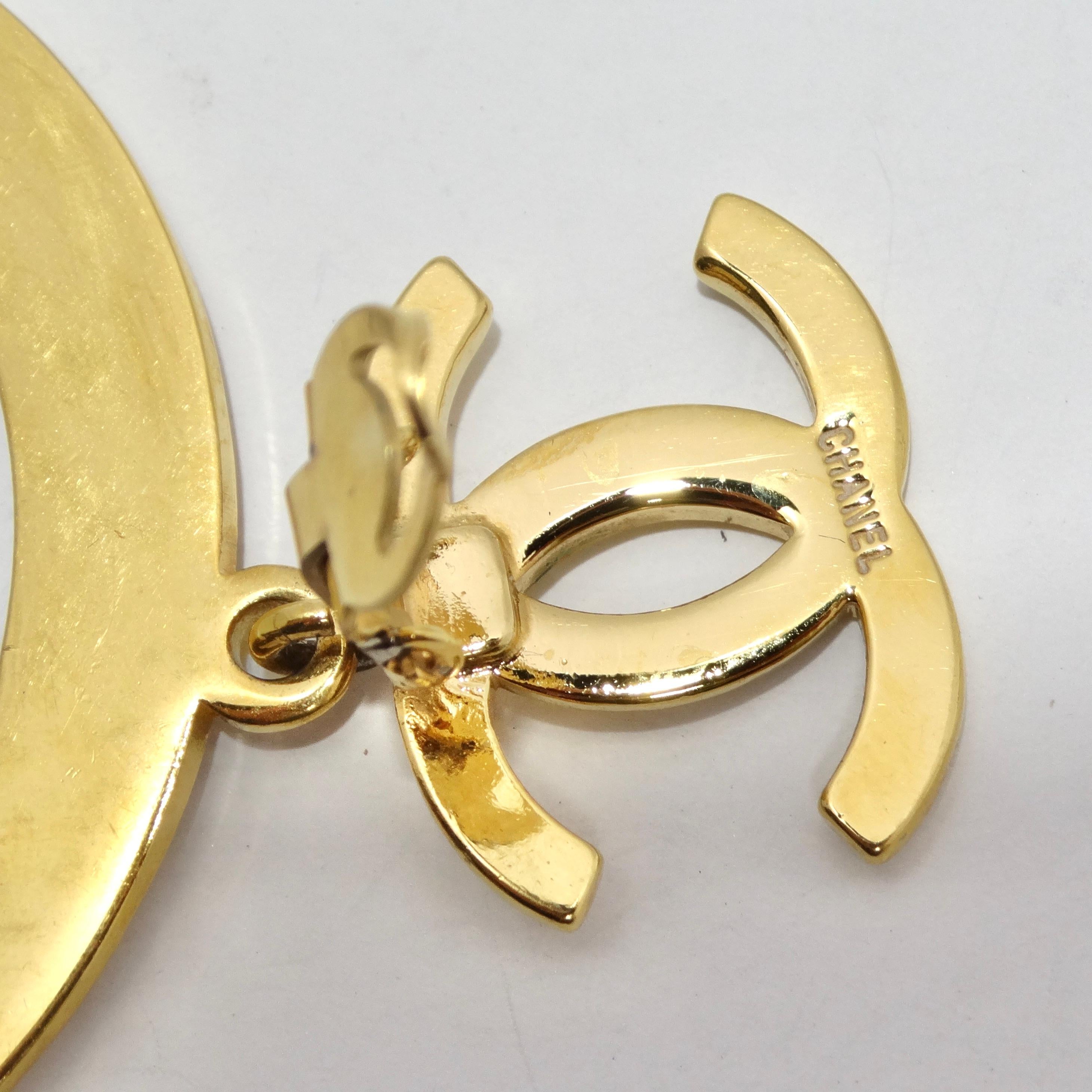 Chanel 1980s Gold Tone Logo Jumbo Hoop Earrings For Sale 6