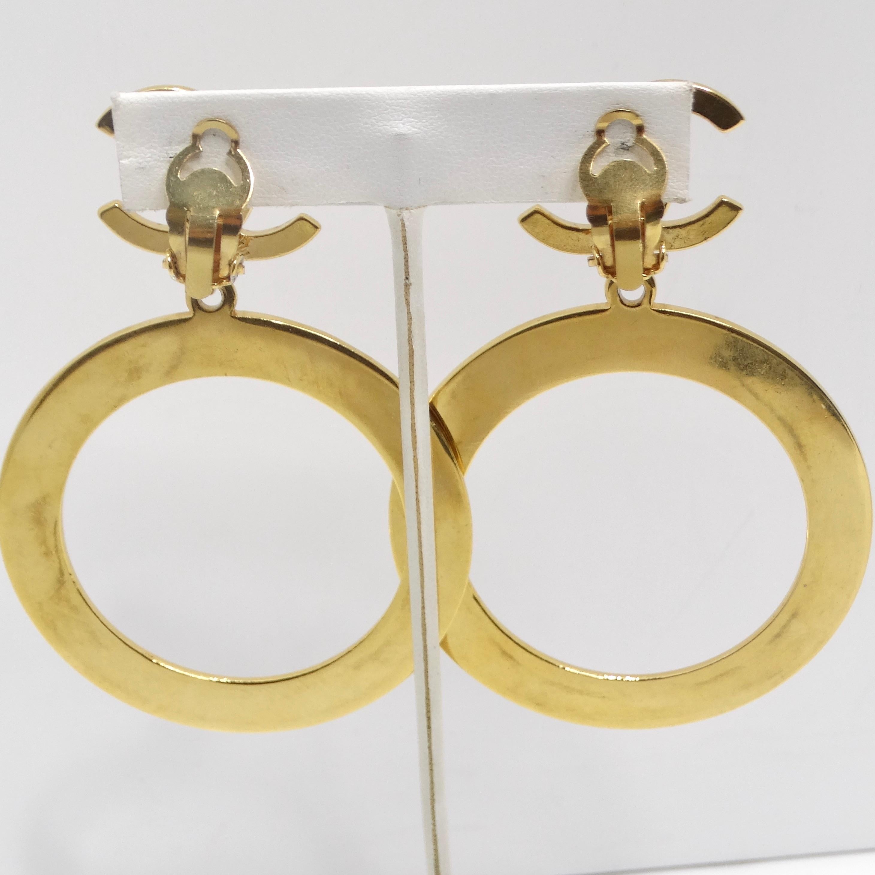 Chanel 1980s Gold Tone Logo Jumbo Hoop Earrings For Sale 3
