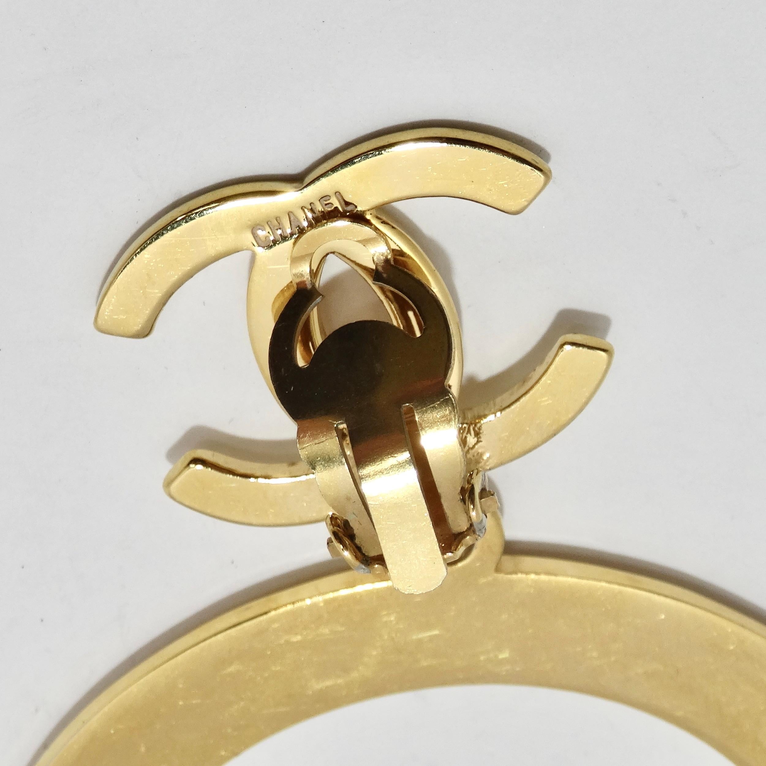 Chanel 1980s Gold Tone Logo Jumbo Hoop Earrings For Sale 5