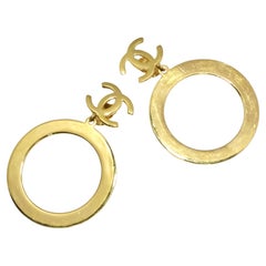 Retro Chanel 1980s Gold Tone Logo Jumbo Hoop Earrings