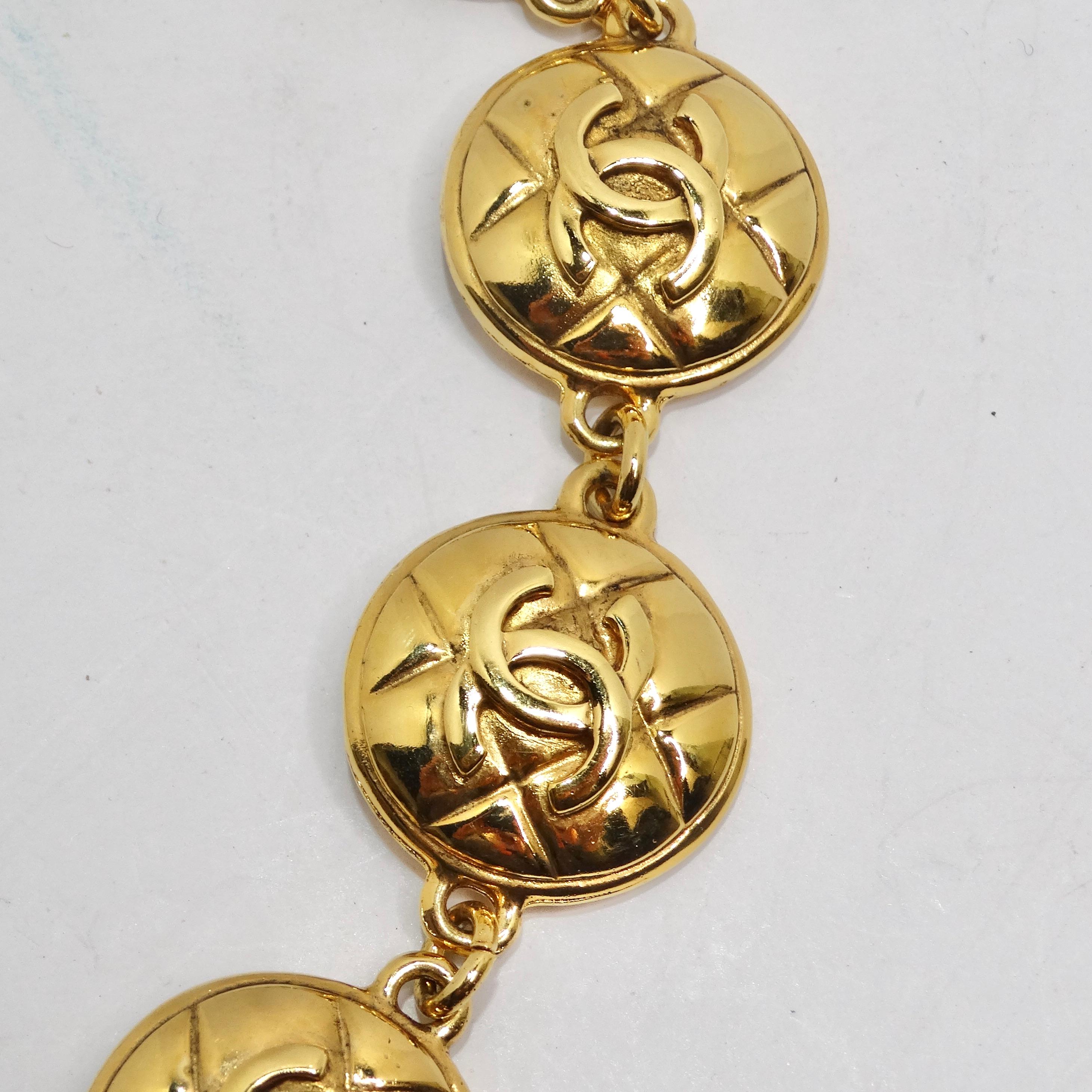 Women's or Men's Chanel 1980s Gold Tone Logo Quilted Medallion Necklace For Sale