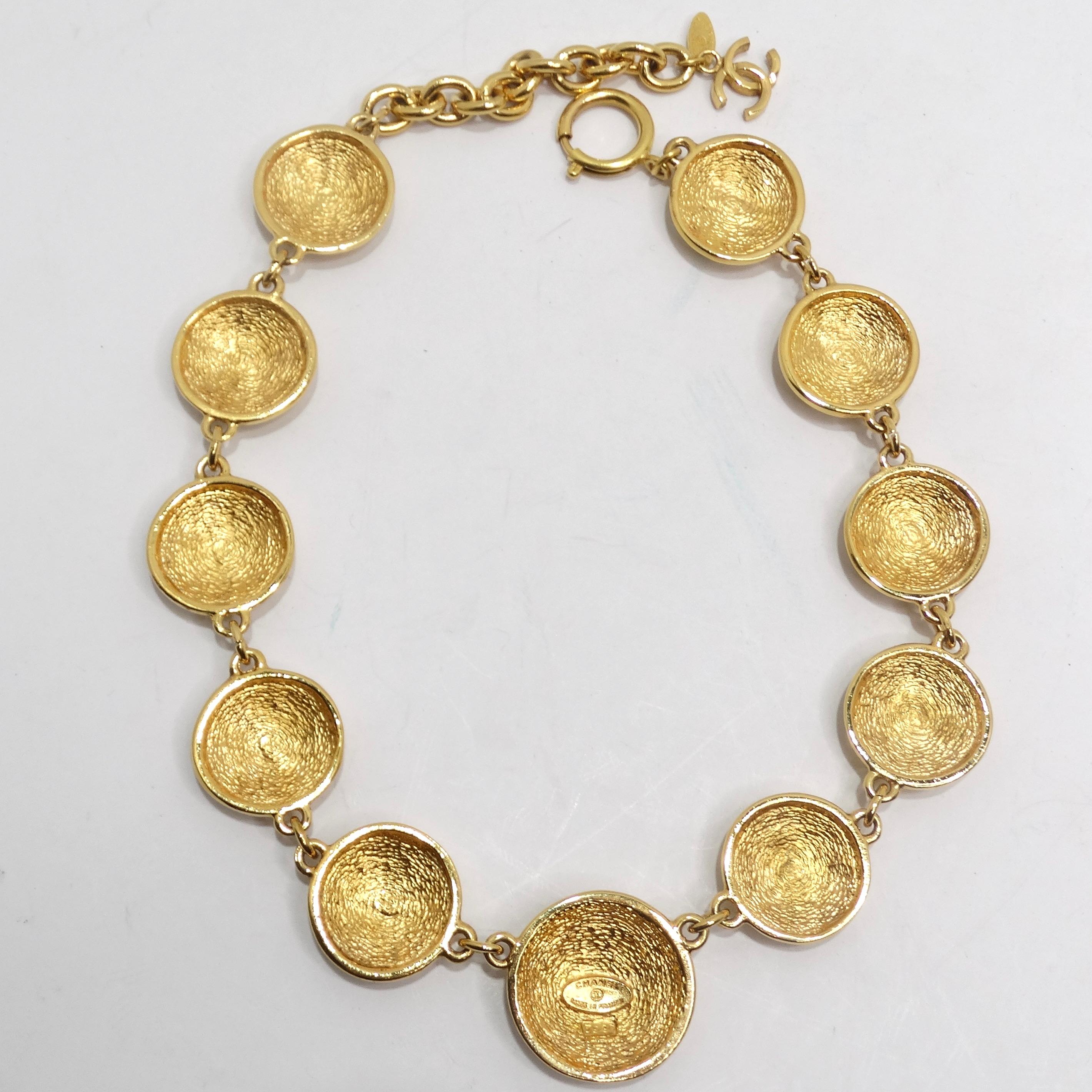 Chanel 1980s Gold Tone Logo Quilted Medallion Necklace For Sale 1