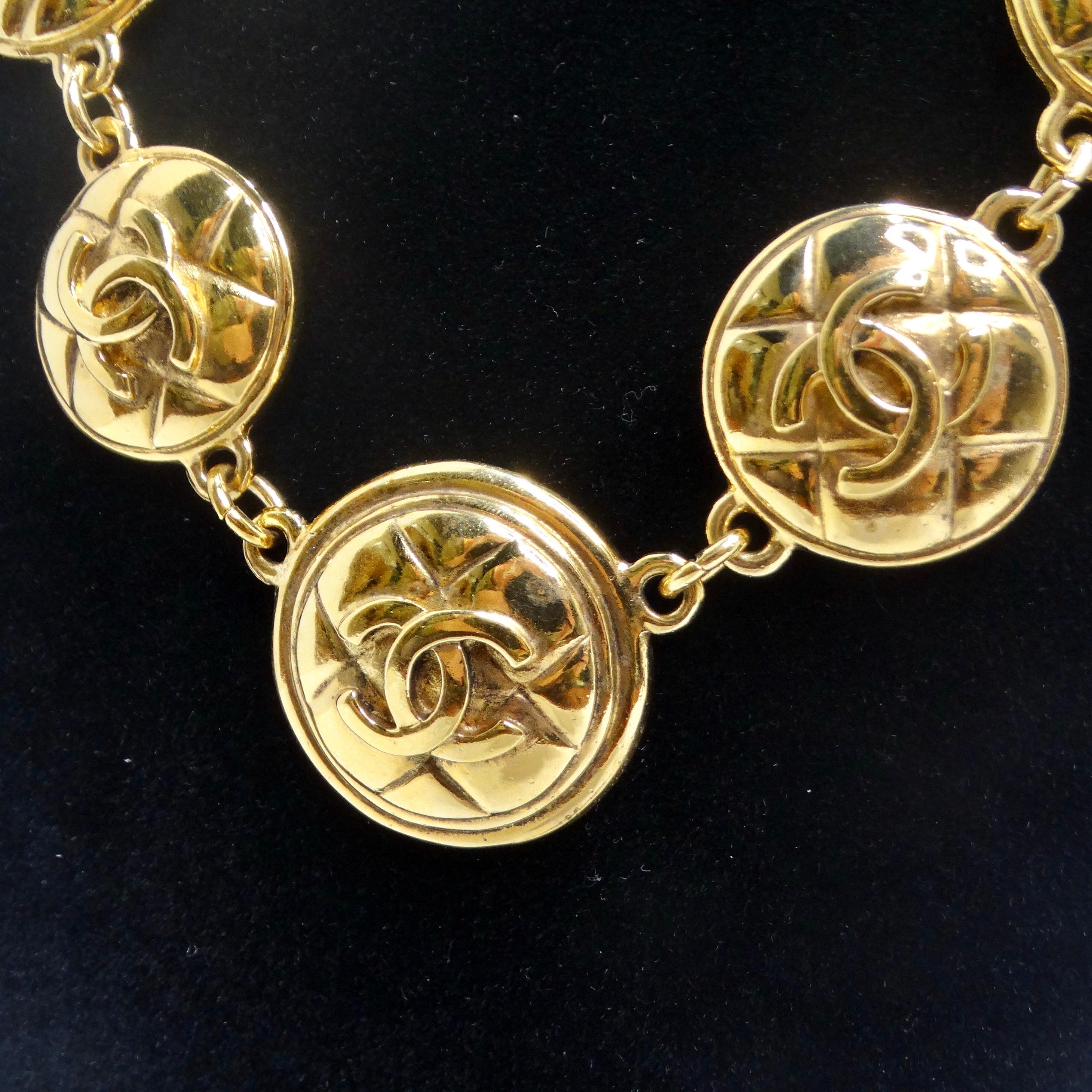 Chanel 1980s Gold Tone Logo Quilted Medallion Necklace For Sale 2