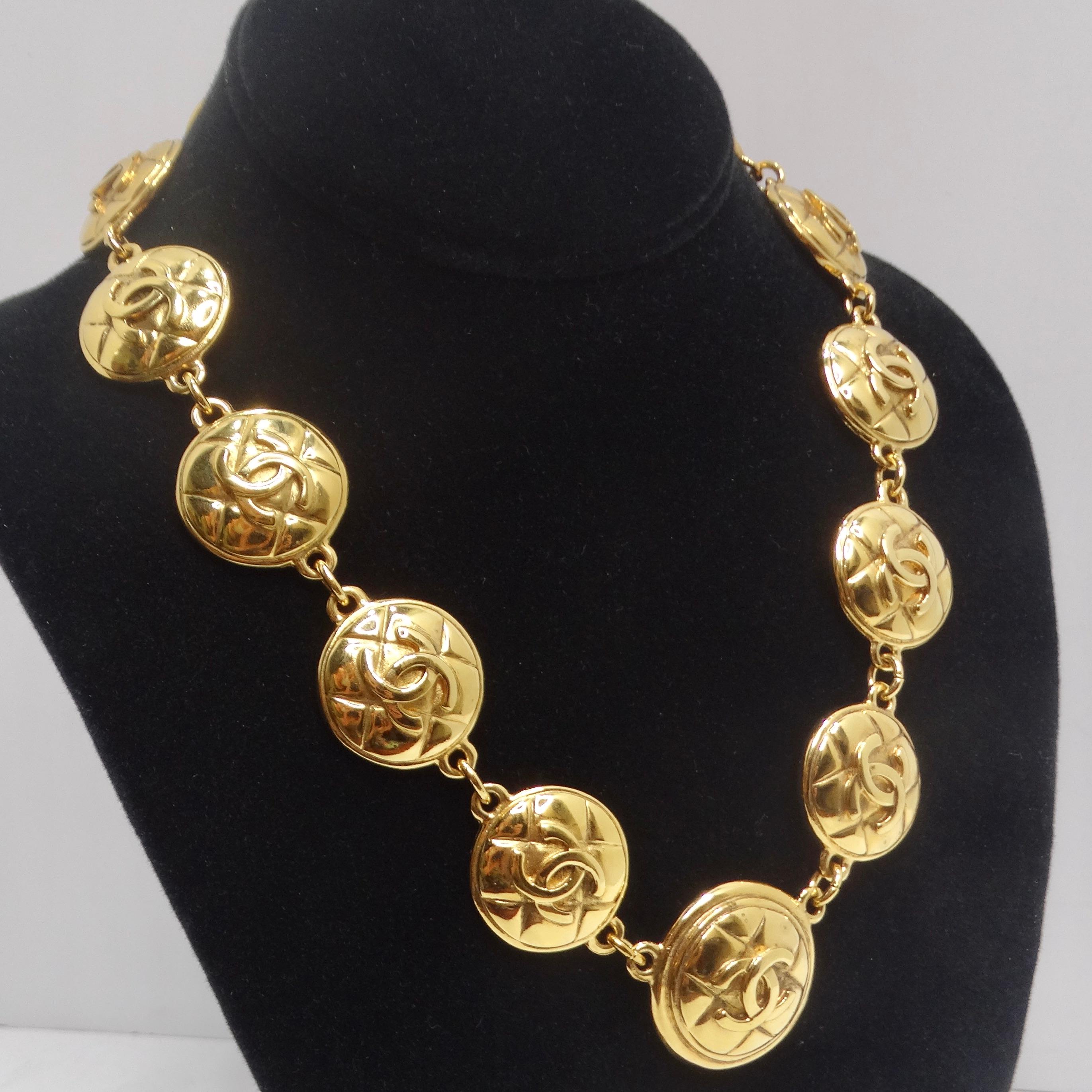 Chanel 1980s Gold Tone Logo Quilted Medallion Necklace For Sale 2