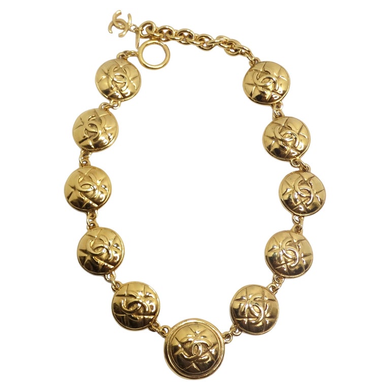 Chanel 1980s Gold Tone Logo Quilted Medallion Necklace For Sale at 