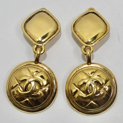 Chanel 1980s Gold Tone Quilted Drop Earrings