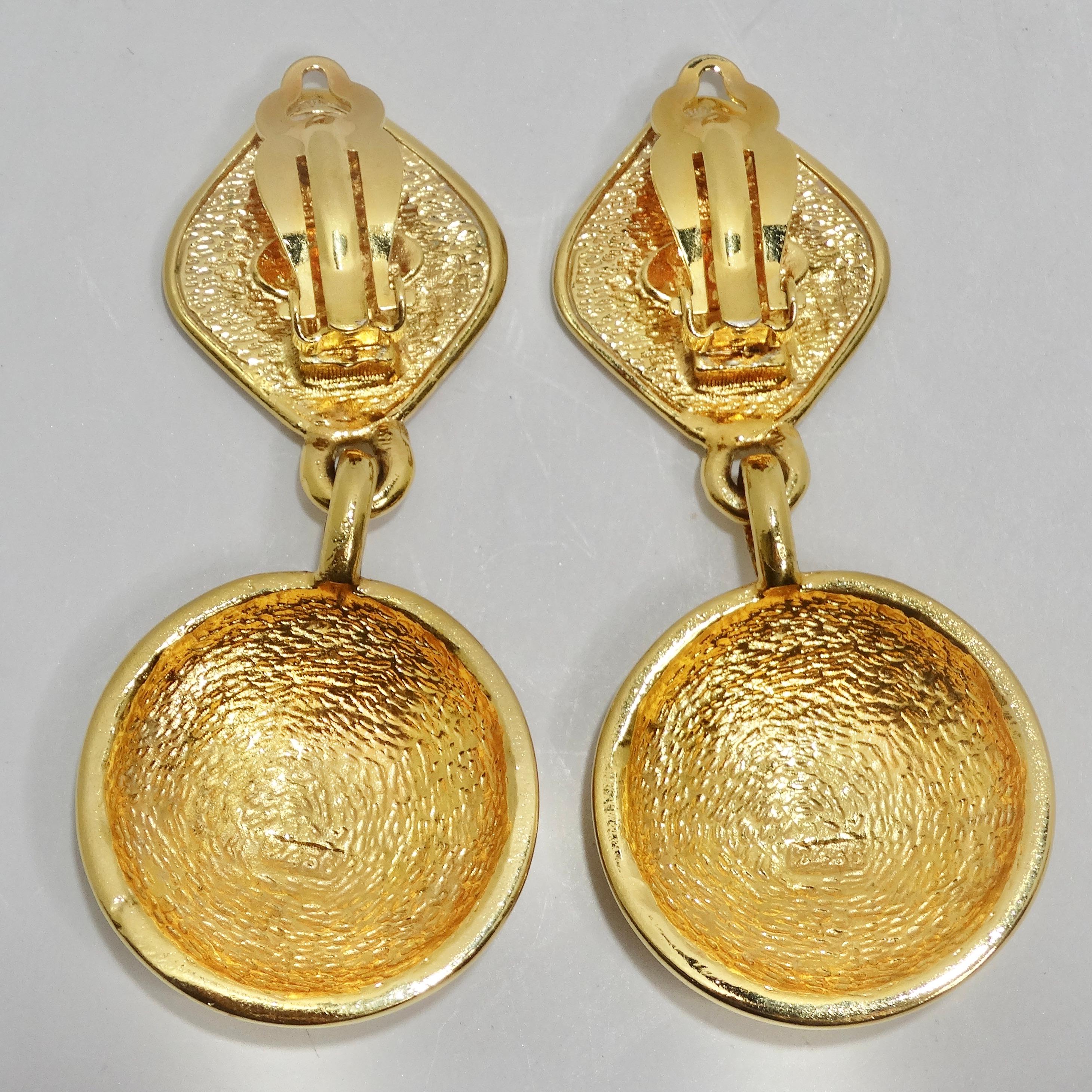 Chanel 1980s Gold Tone Quilted Drop Earrings For Sale 2