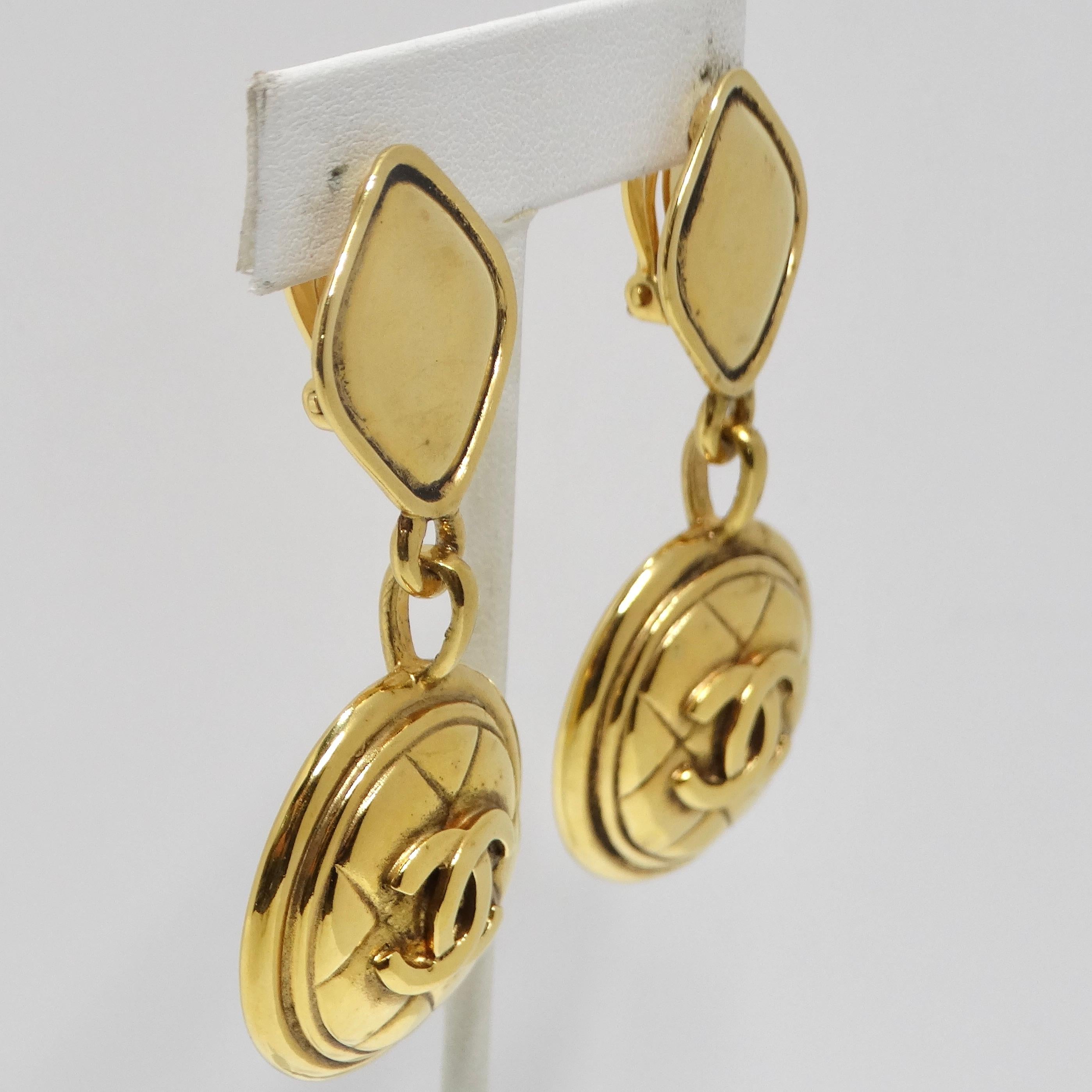 Chanel 1980s Gold Tone Quilted Drop Earrings For Sale 4