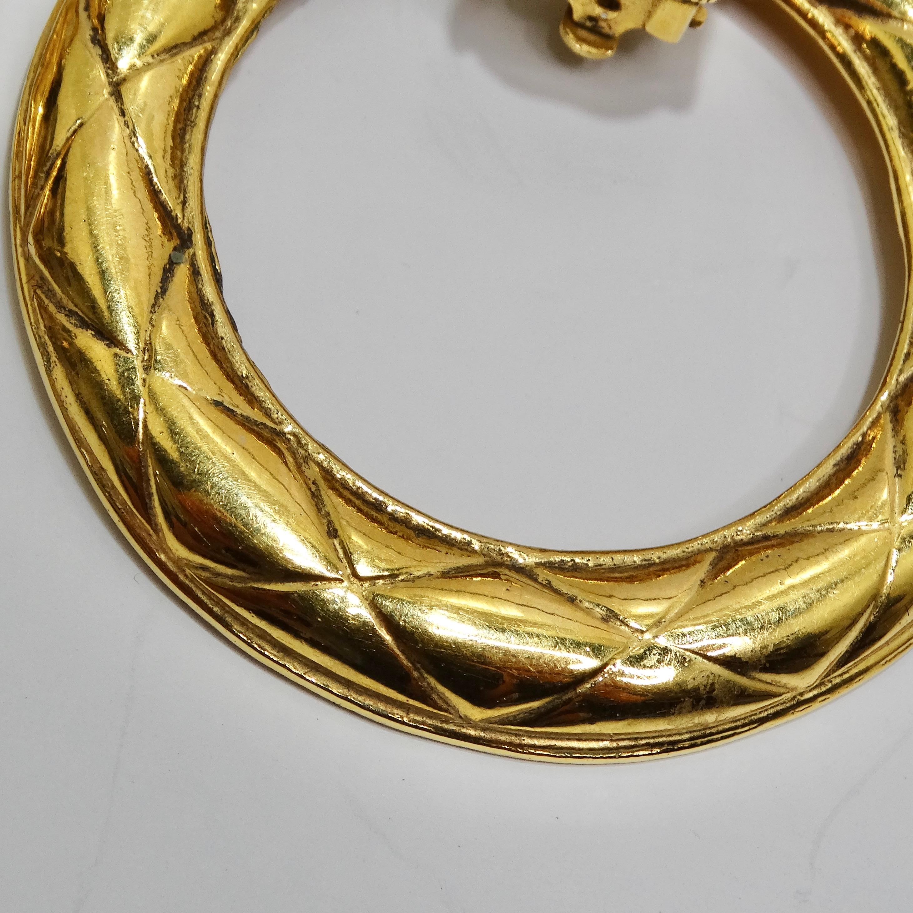 Women's or Men's Chanel 1980s Gold Tone Quilted Hoop Earrings For Sale