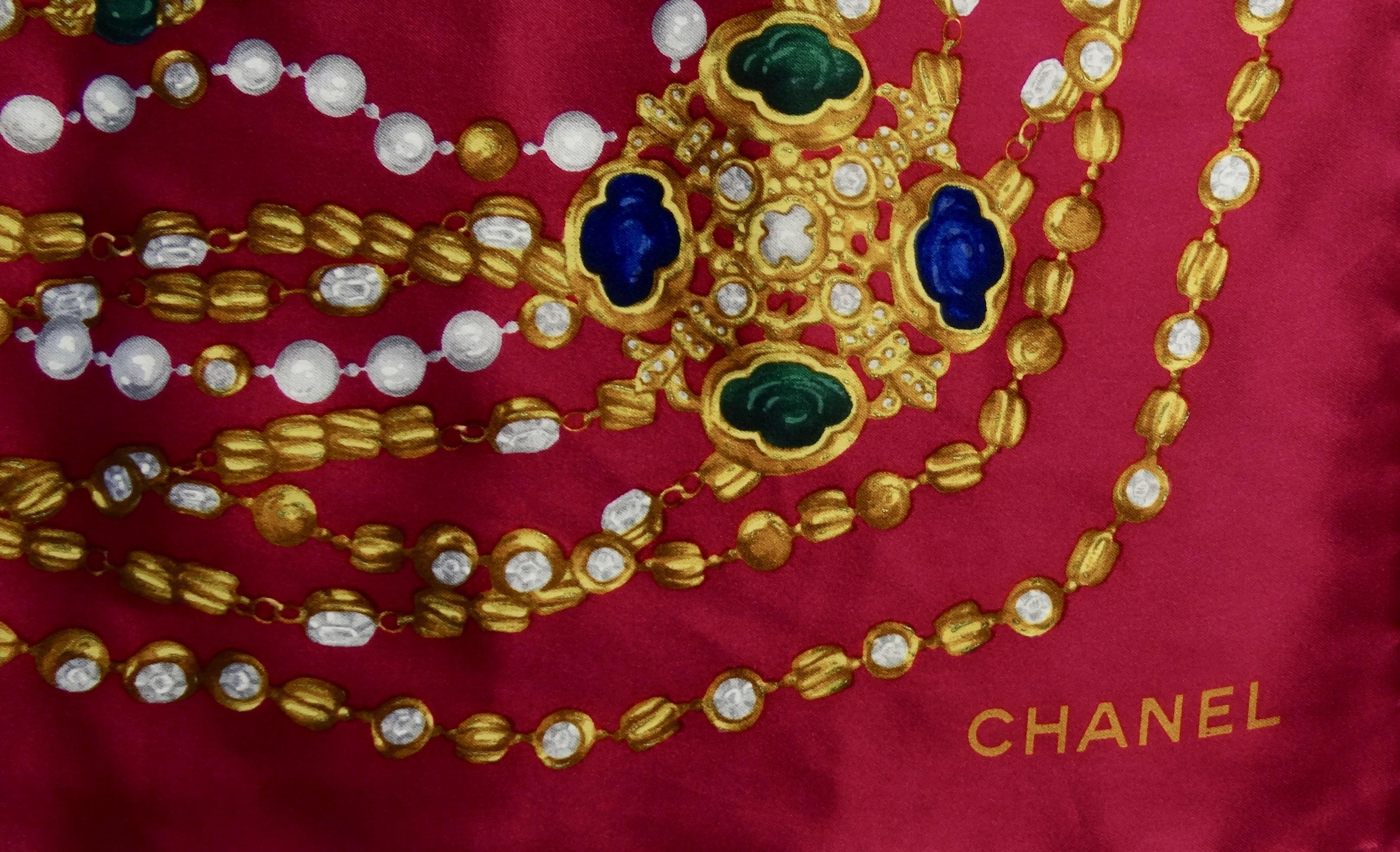 Women's or Men's Chanel 1980s Jewels & Pearls Magenta Silk Scarf