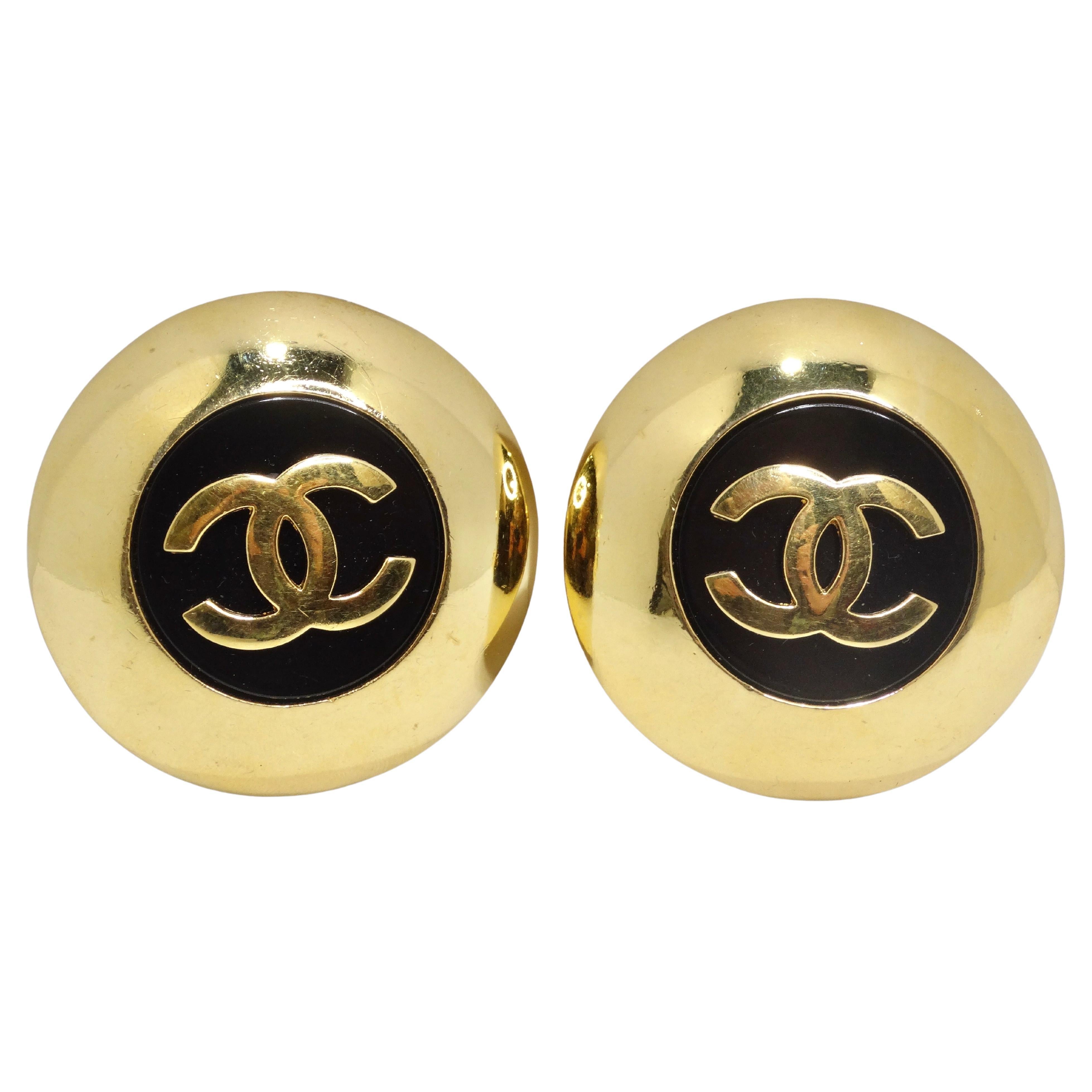 Chanel 1980s Jumbo Gold Plated Black CC Logo Clip On Earrings For Sale