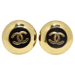 Retro Chanel 1980s Jumbo Gold Plated Black CC Logo Clip On Earrings
