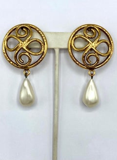 Chanel 1980s Large Gold & Pearl Pendant Earrings attr. Robert Goossens