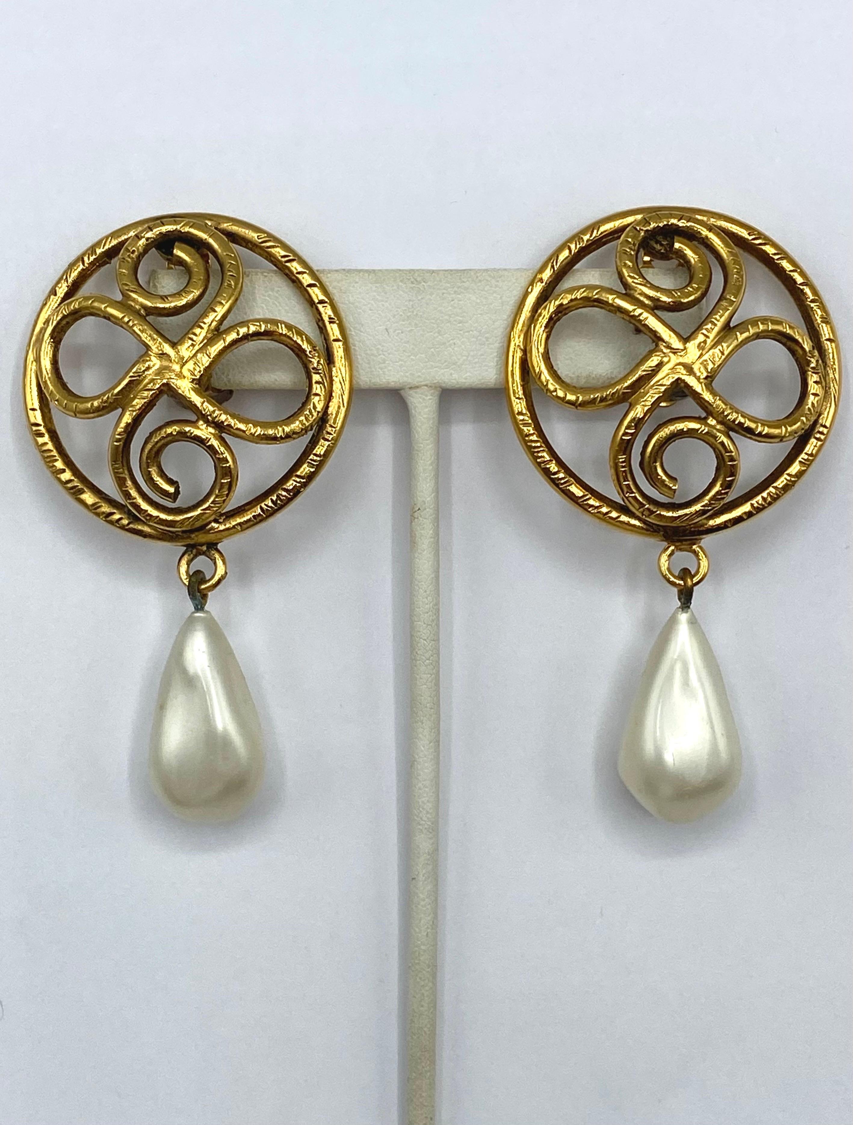 Pear Cut Chanel 1980s Large Gold & Pearl Pendant Earrings attr. Robert Goossens For Sale