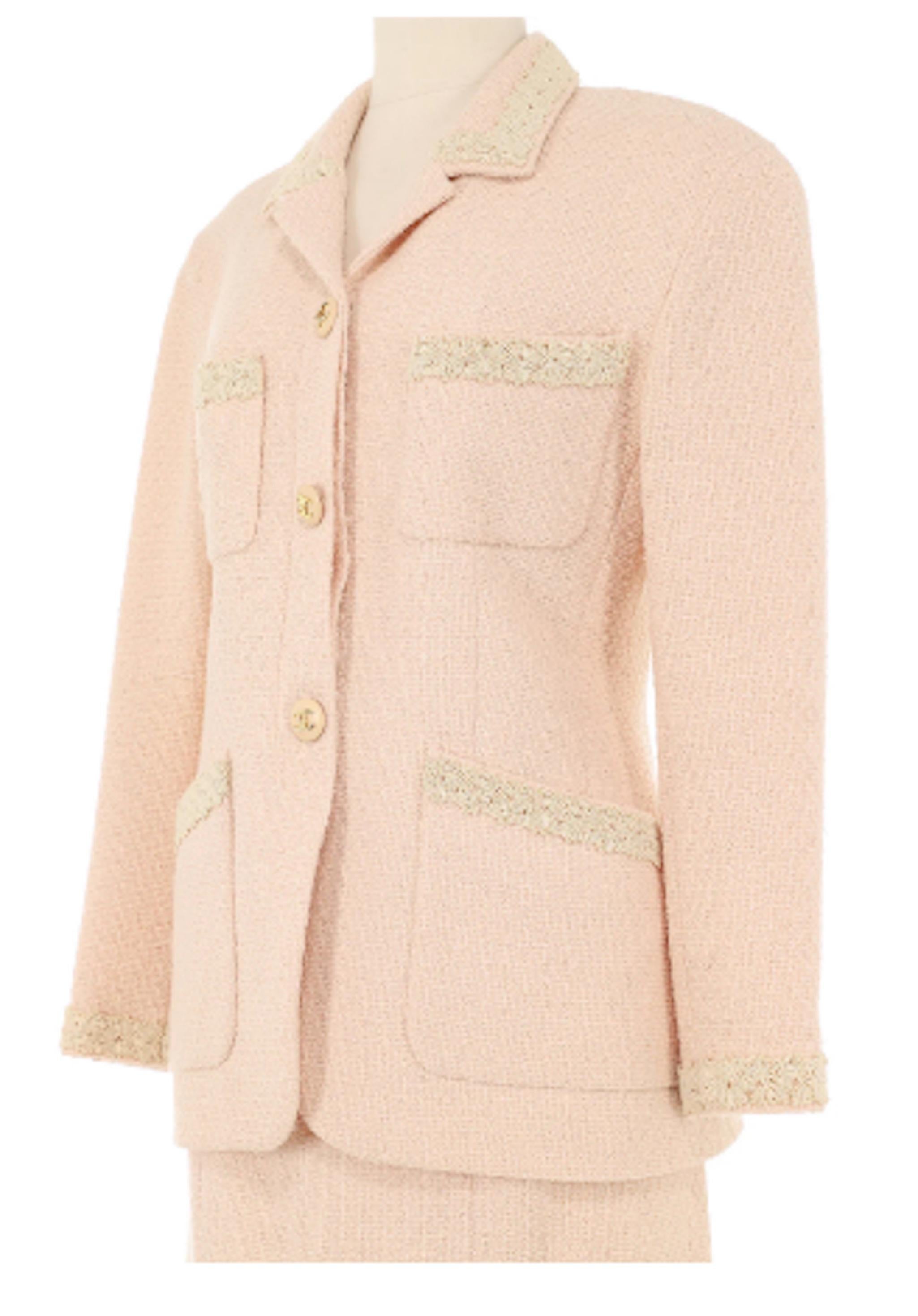 White Chanel 1980s Light Pink Tweed With Cream Embroidery Skirt Suit For Sale