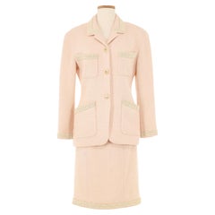 Chanel 1980s Light Pink Tweed With Cream Embroidery Skirt Suit