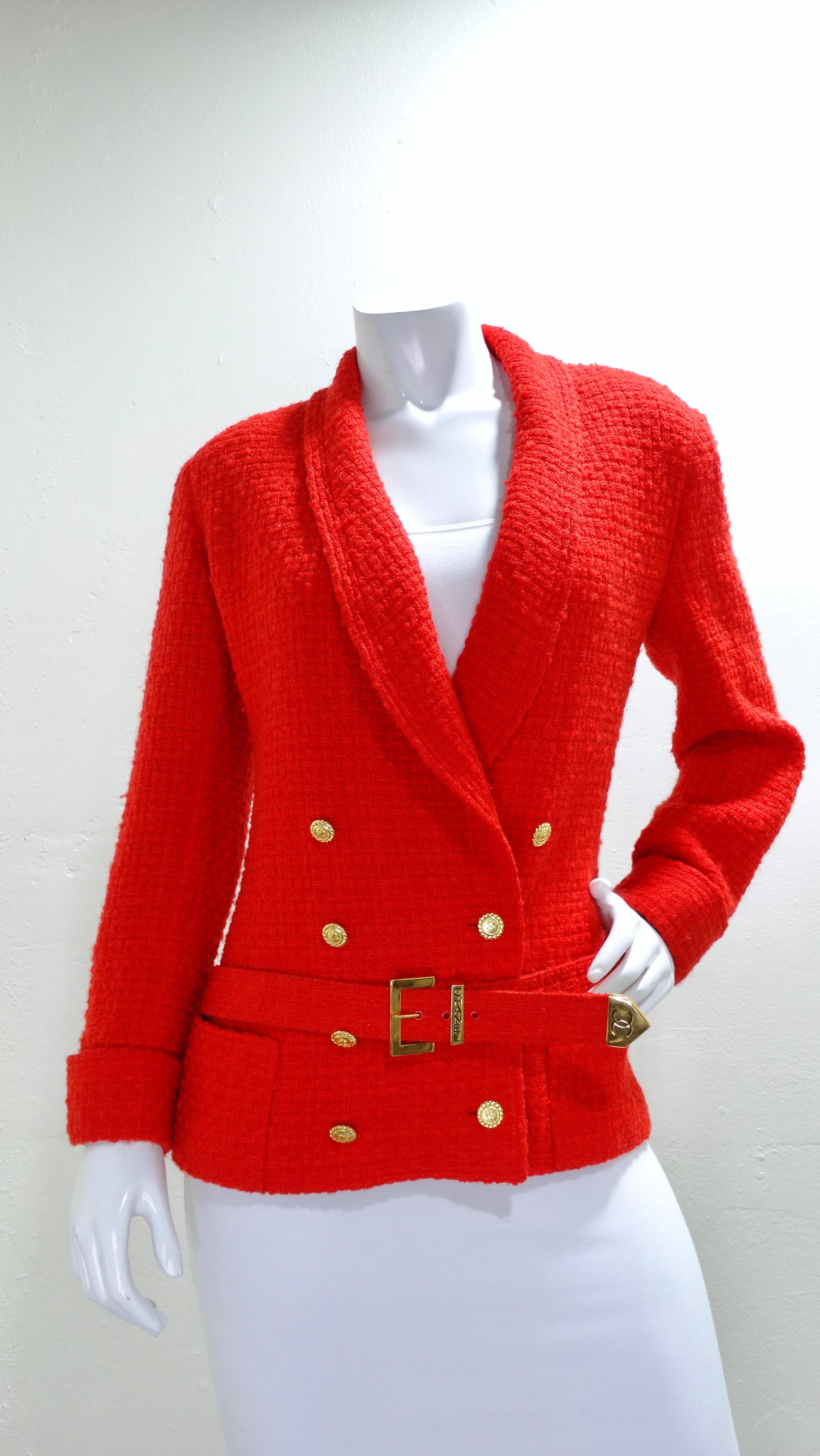 ***Matching blazer available on separate posting***

Chanel but make it RED HOT! Take a piece of history with this rare and detailed belt. This highly textured belt is made of red mohair and wool with golden metal hardware that includes both