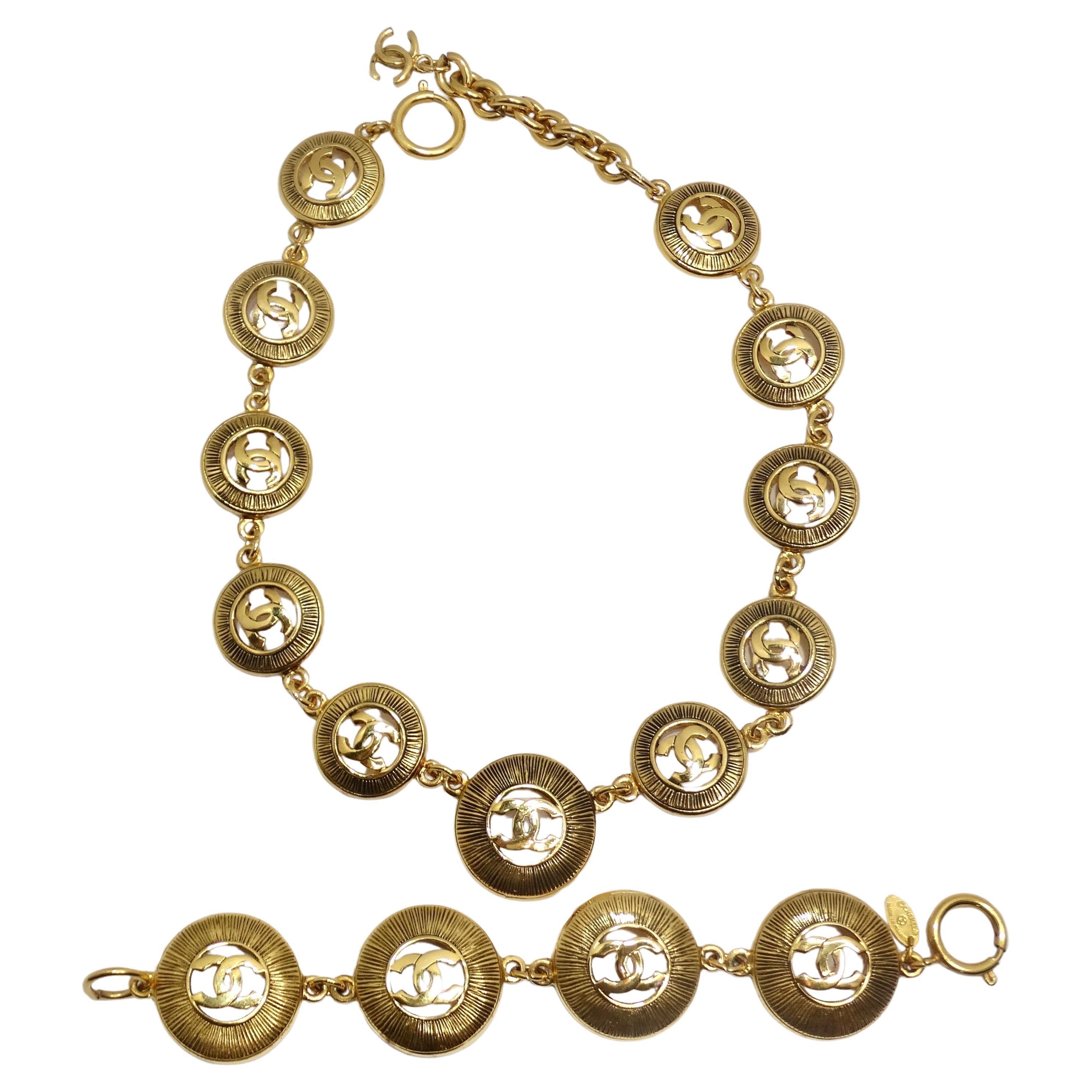 Chanel 1980s Logo Medallion Charm Necklace and Bracelet Set For Sale