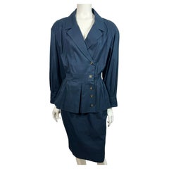 Chanel 1980's Navy Cotton Cinched Waist Jacket Skirt Suit - Size 38