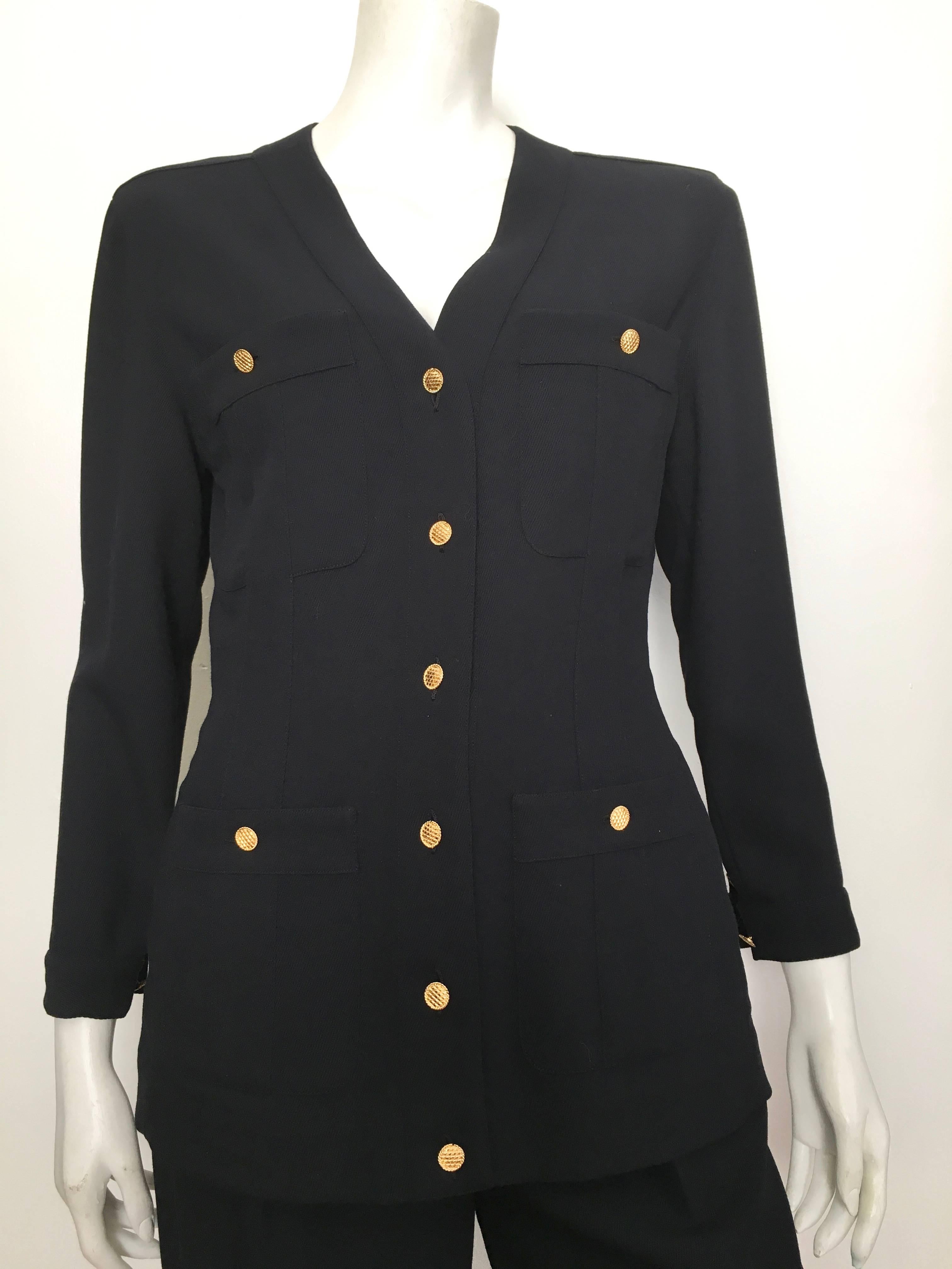 Chanel 1980s navy gabardine wool jacket & pant set is a size 4. Ladies please grab your best friend, Mr. Tape Measure, so you can measure your bust, waist & hips to make certain this vintage treasure will fit your lovely body.  Button up long sleeve