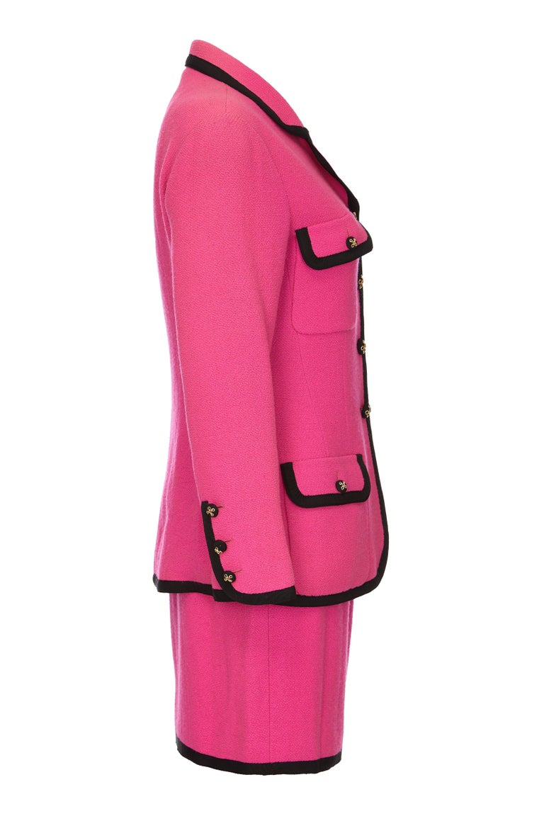 Chanel 1980s or early 1990s Fuschia Pink Wool Skirt Jacket Suit at