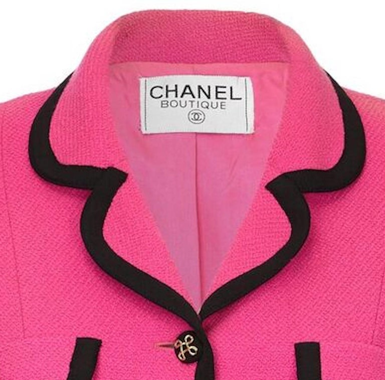 Chanel 1980s or early 1990s Fuschia Pink Wool Skirt Jacket Suit at