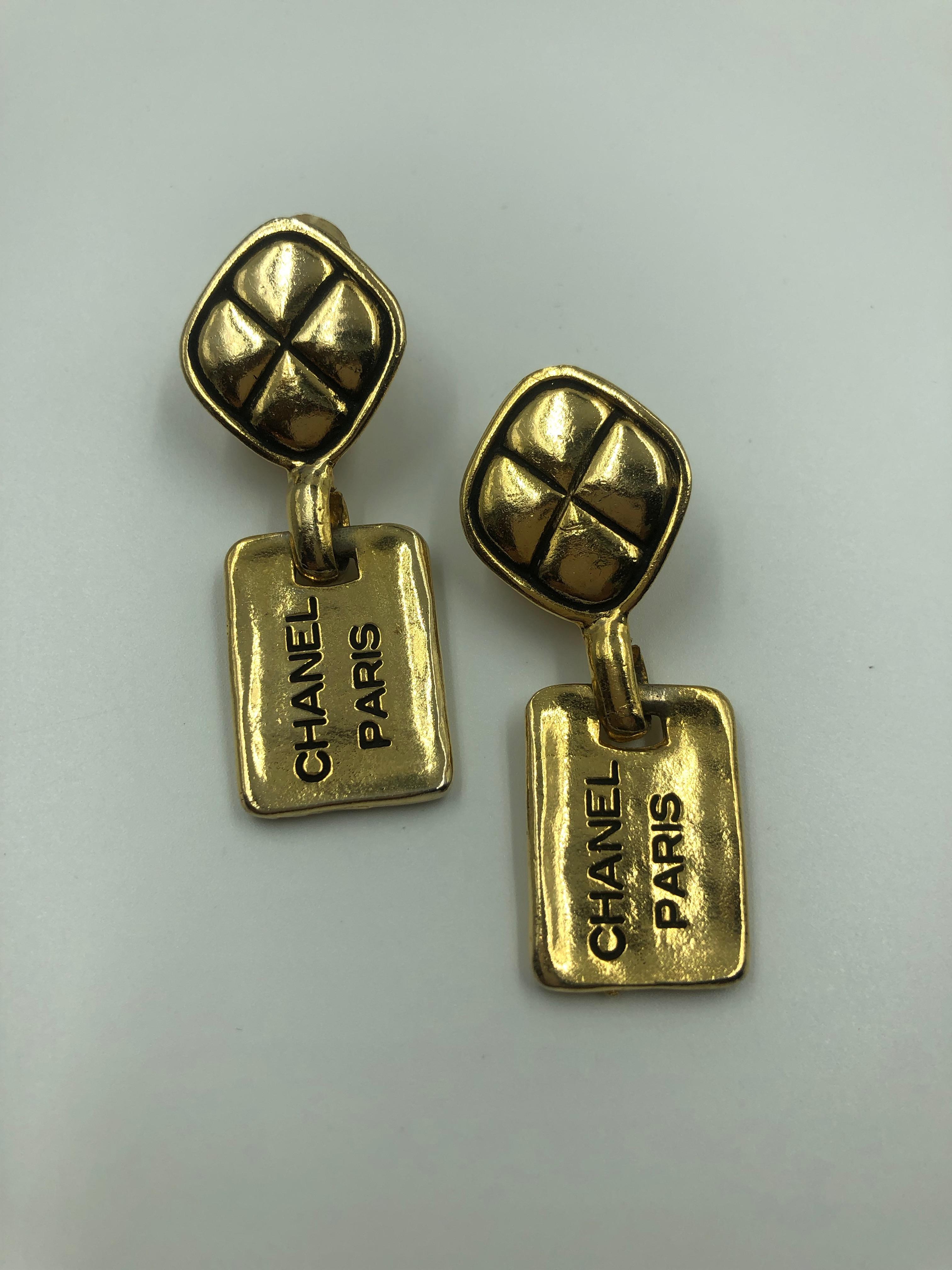 Chanel 1980's Paris Stamped Gold Tone Drop Earrings 4