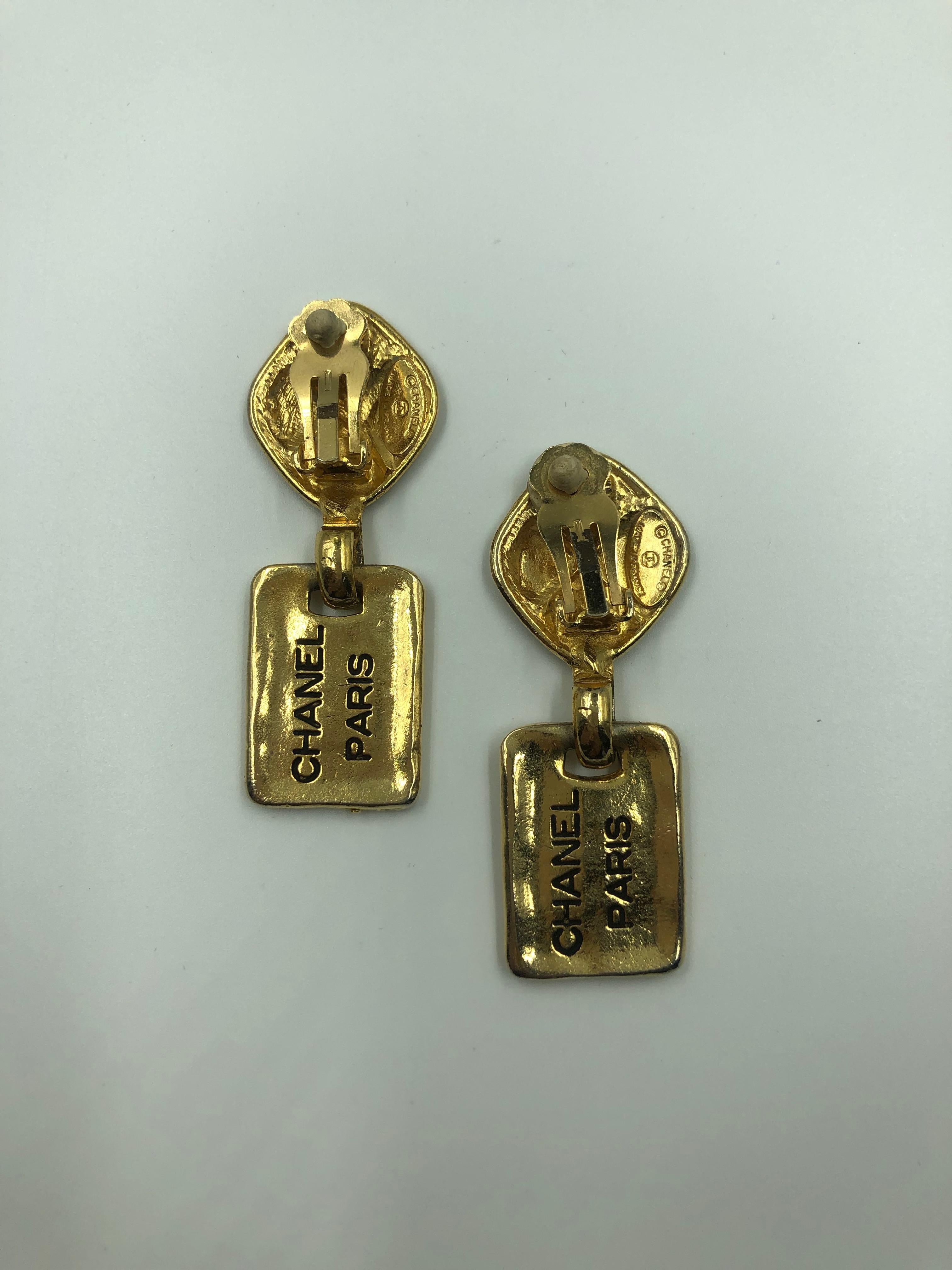 Chanel 1980's Paris Stamped Gold Tone Drop Earrings 2