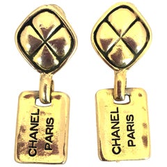 Chanel 1980's Paris Stamped Gold Tone Drop Earrings