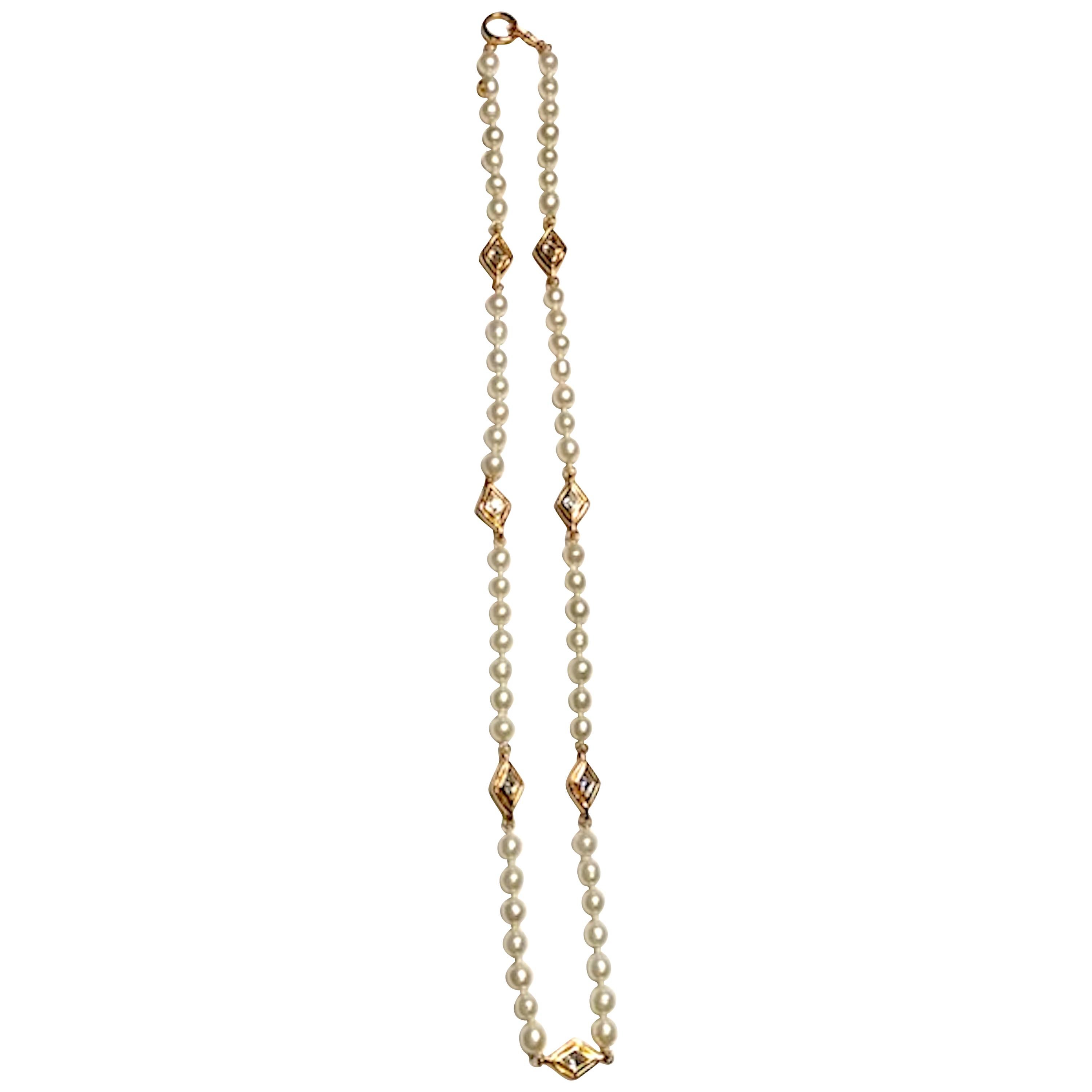Chanel 1980s Pearl with Gold and Rhinestone Accent Necklace