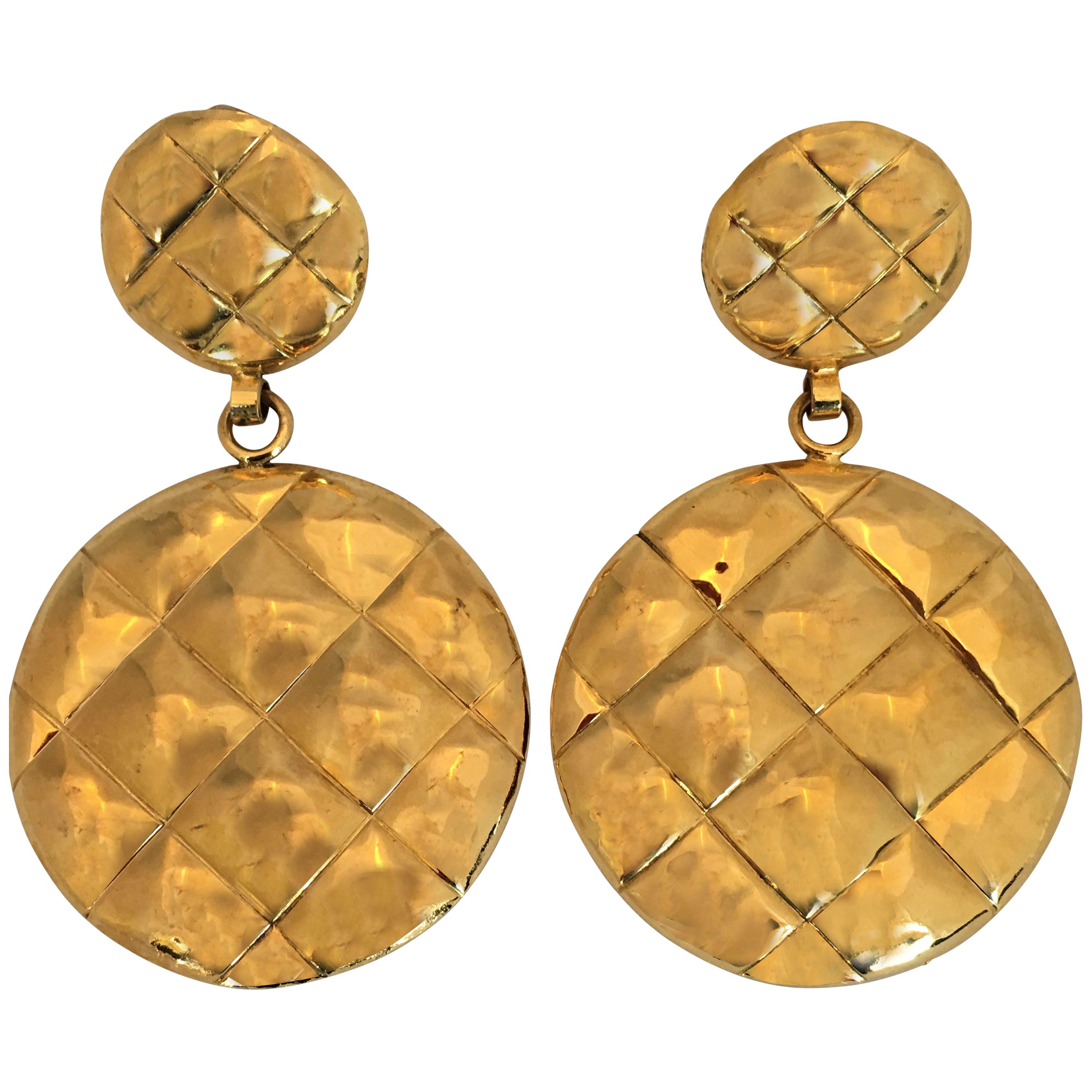 Chanel 1980's Quilted Gold Tone Metal Clip Earrings 