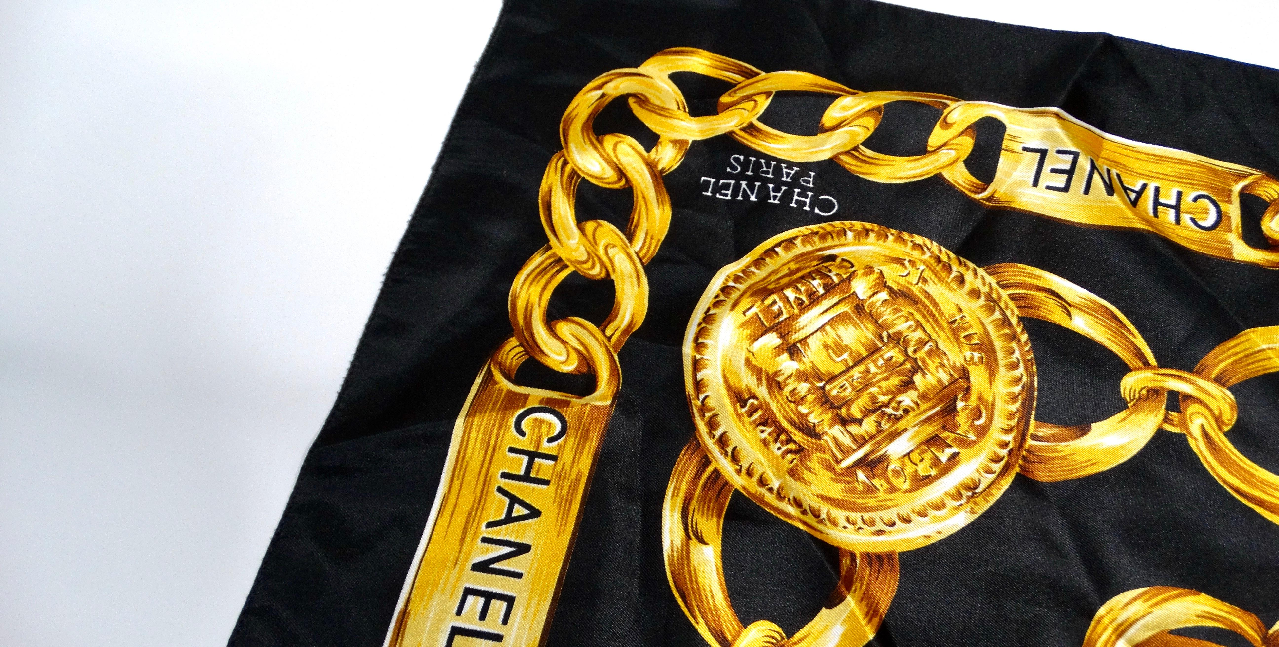 Chanel 1980s Silk Chain Motif Black & Gold Printed Scarf In Good Condition In Scottsdale, AZ
