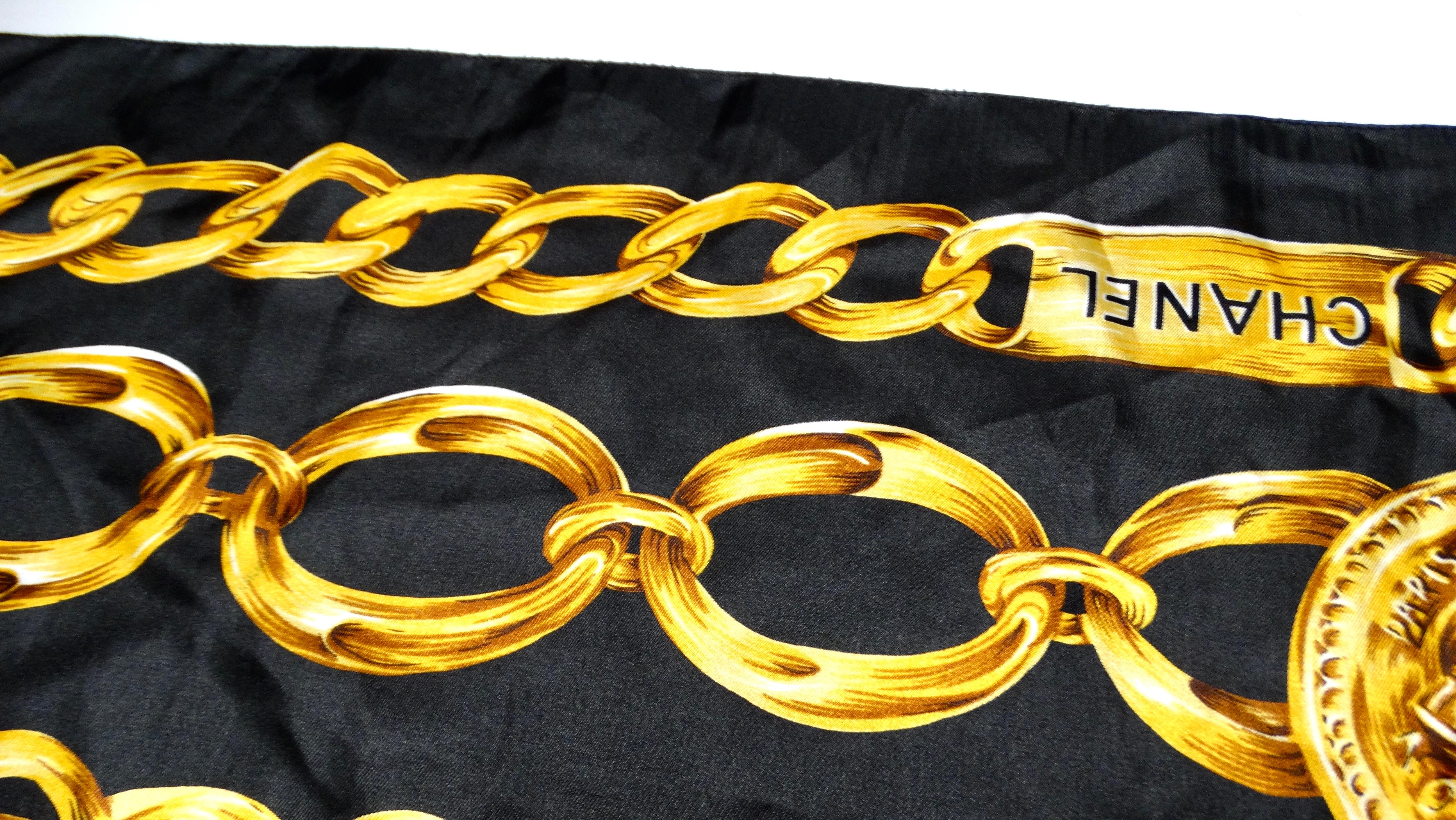 Women's or Men's Chanel 1980s Silk Chain Motif Black & Gold Printed Scarf