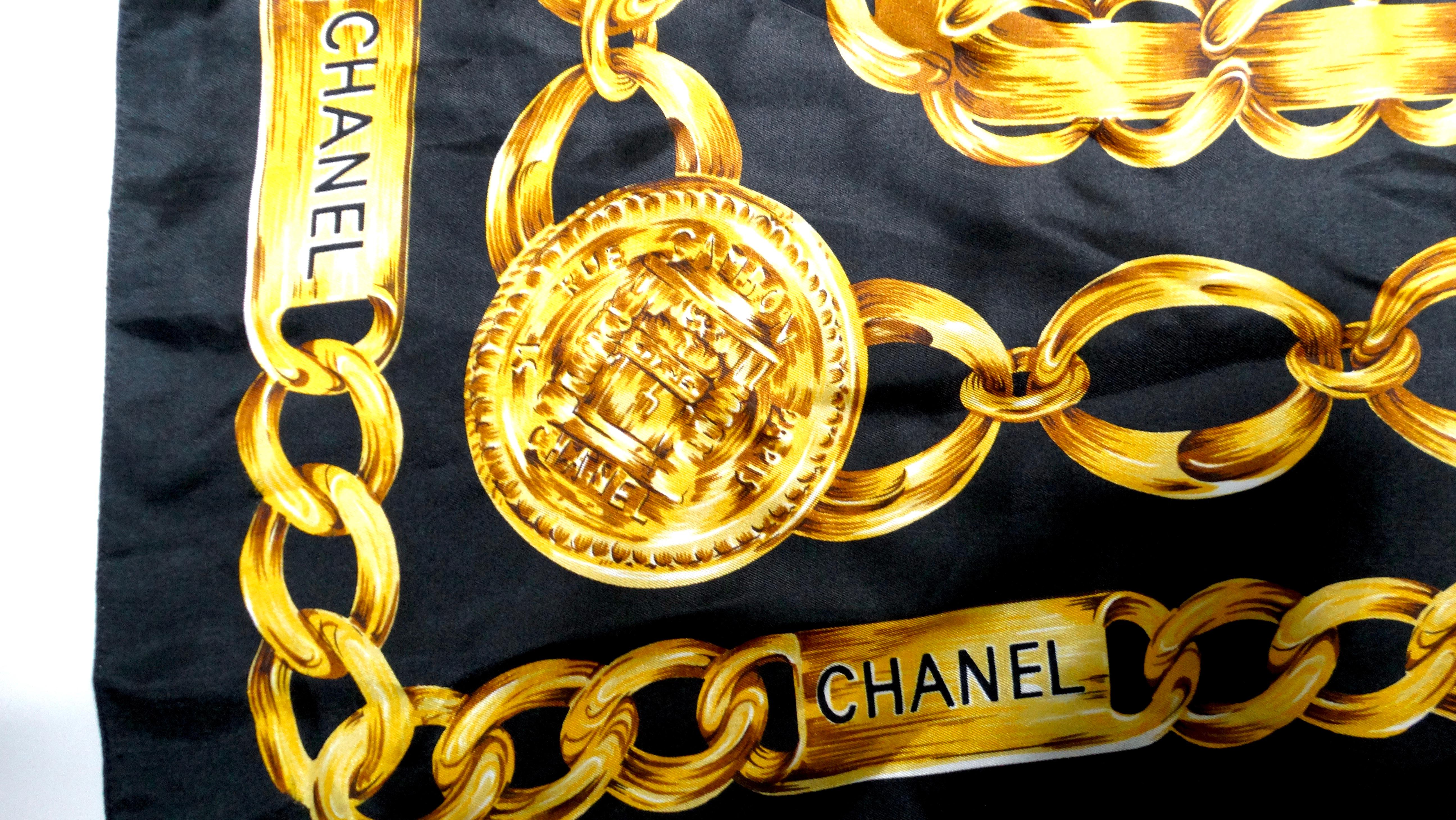 Chanel 1980s Silk Chain Motif Black & Gold Printed Scarf 1